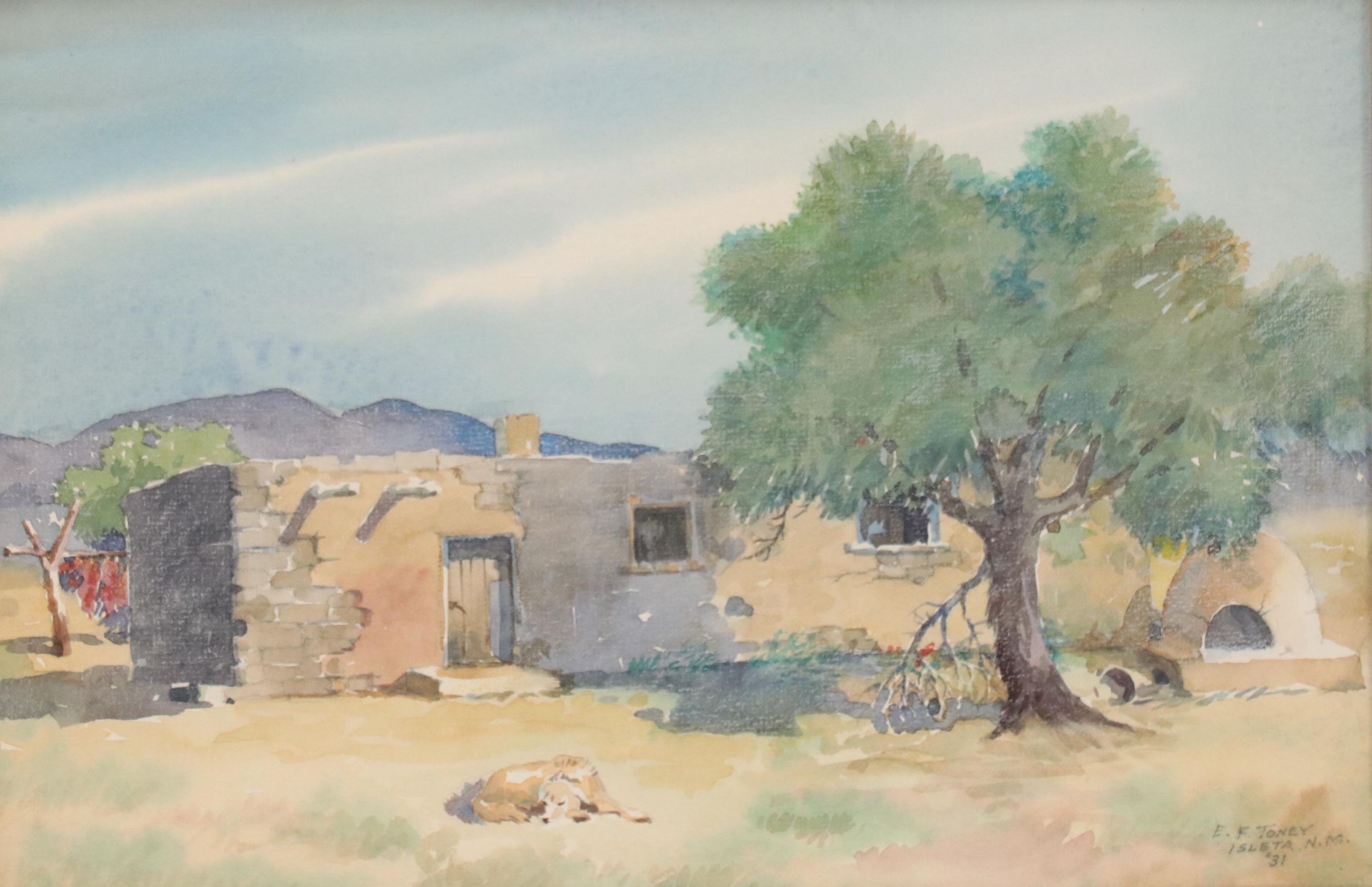 Isleta, New Mexico Landscape and Pueblo Watercolor Painting, 1931