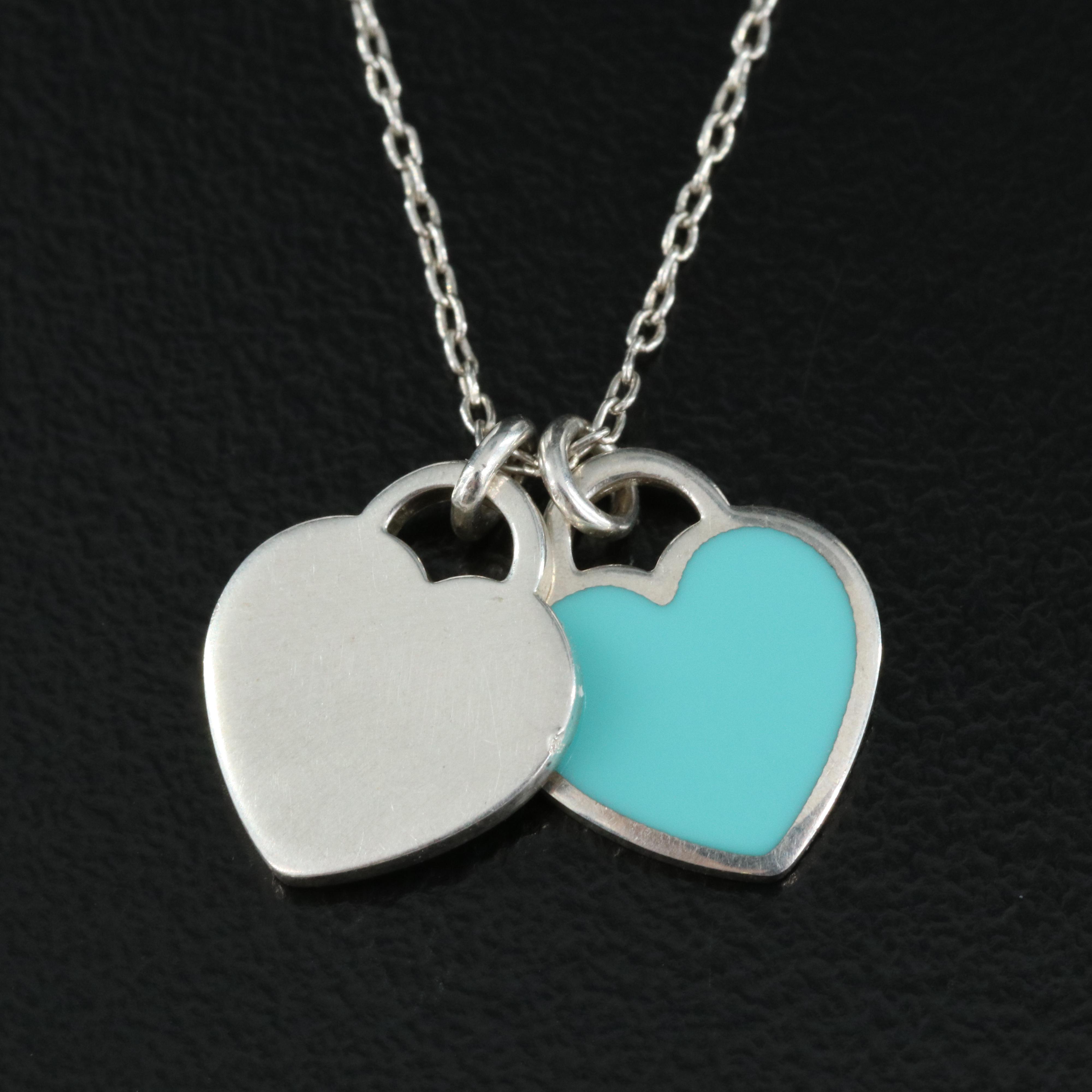 Tiffany & Co. Sterling Blue Double Heart Tag Necklace with Diamond Accent