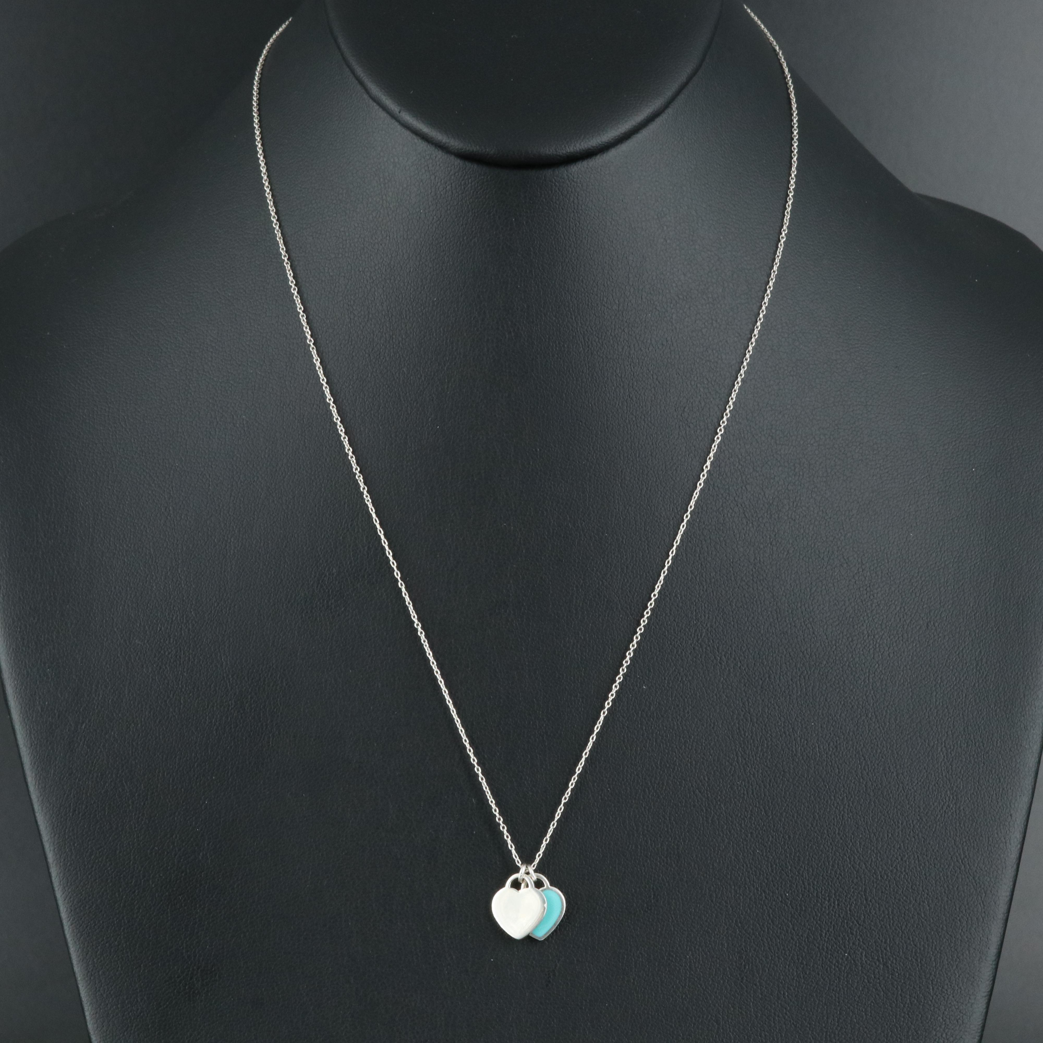 Tiffany & Co. Sterling Blue Double Heart Tag Necklace with Diamond Accent