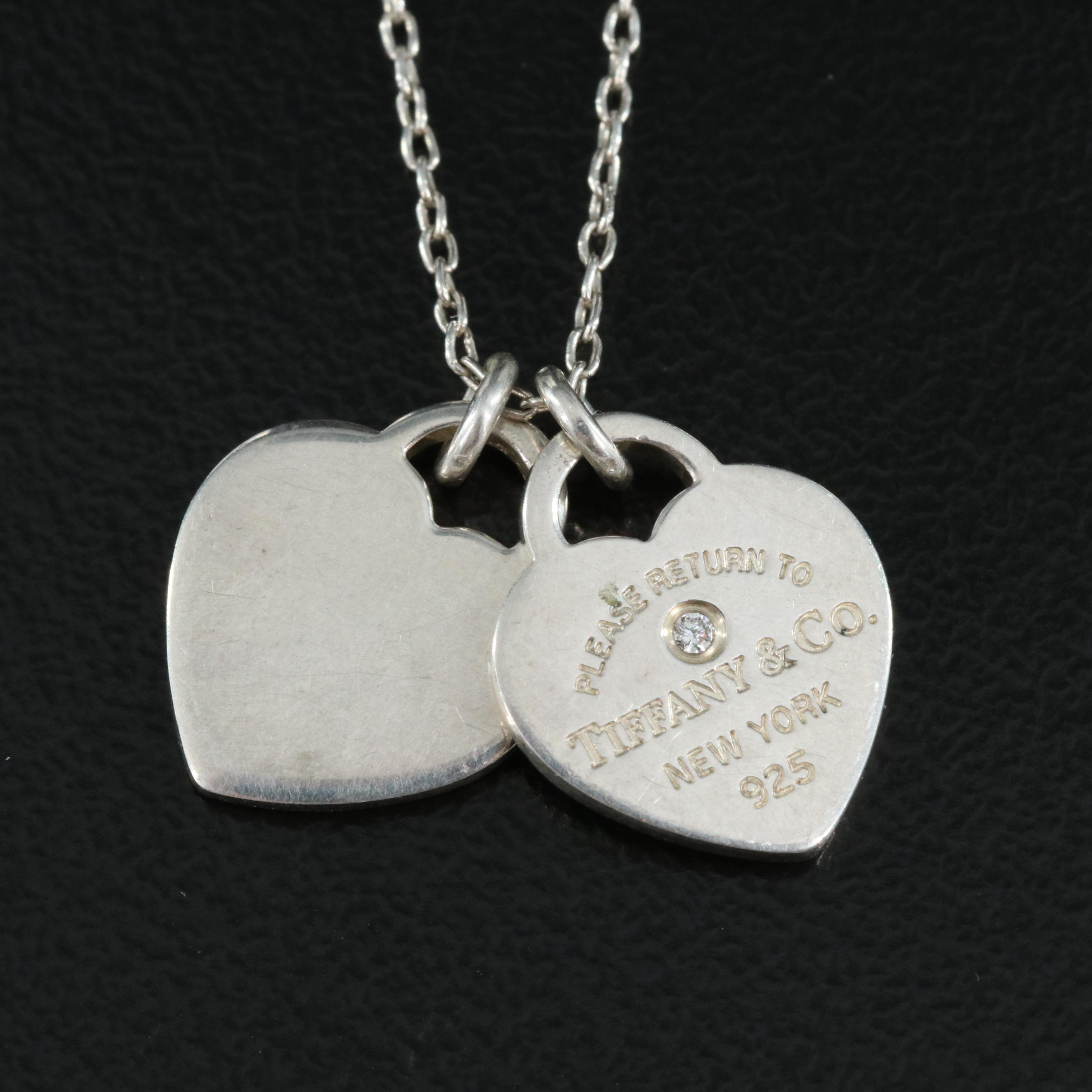 Tiffany & Co. Sterling Blue Double Heart Tag Necklace with Diamond Accent