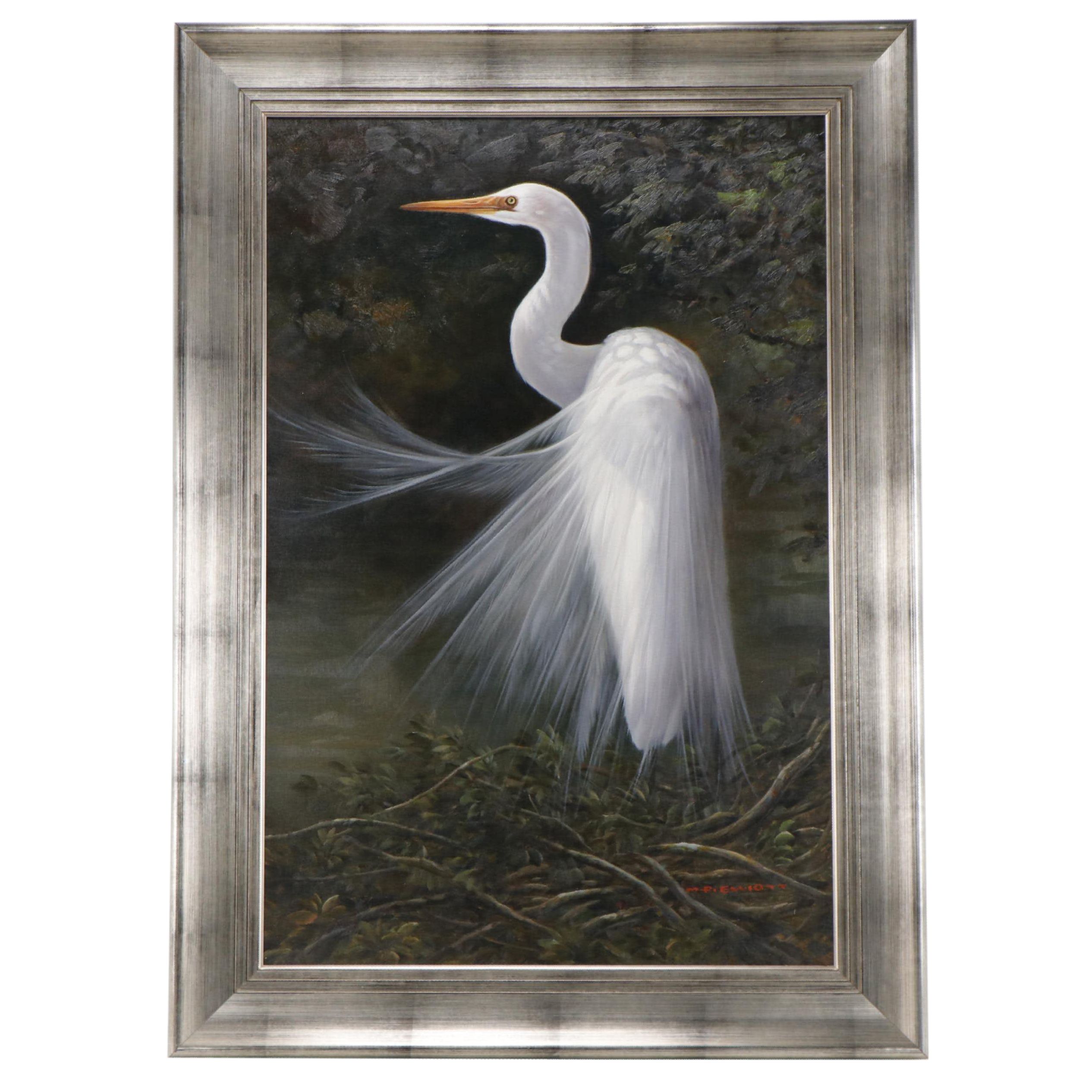 MP Elliott Oil Painting of a White Egret, 21st Century