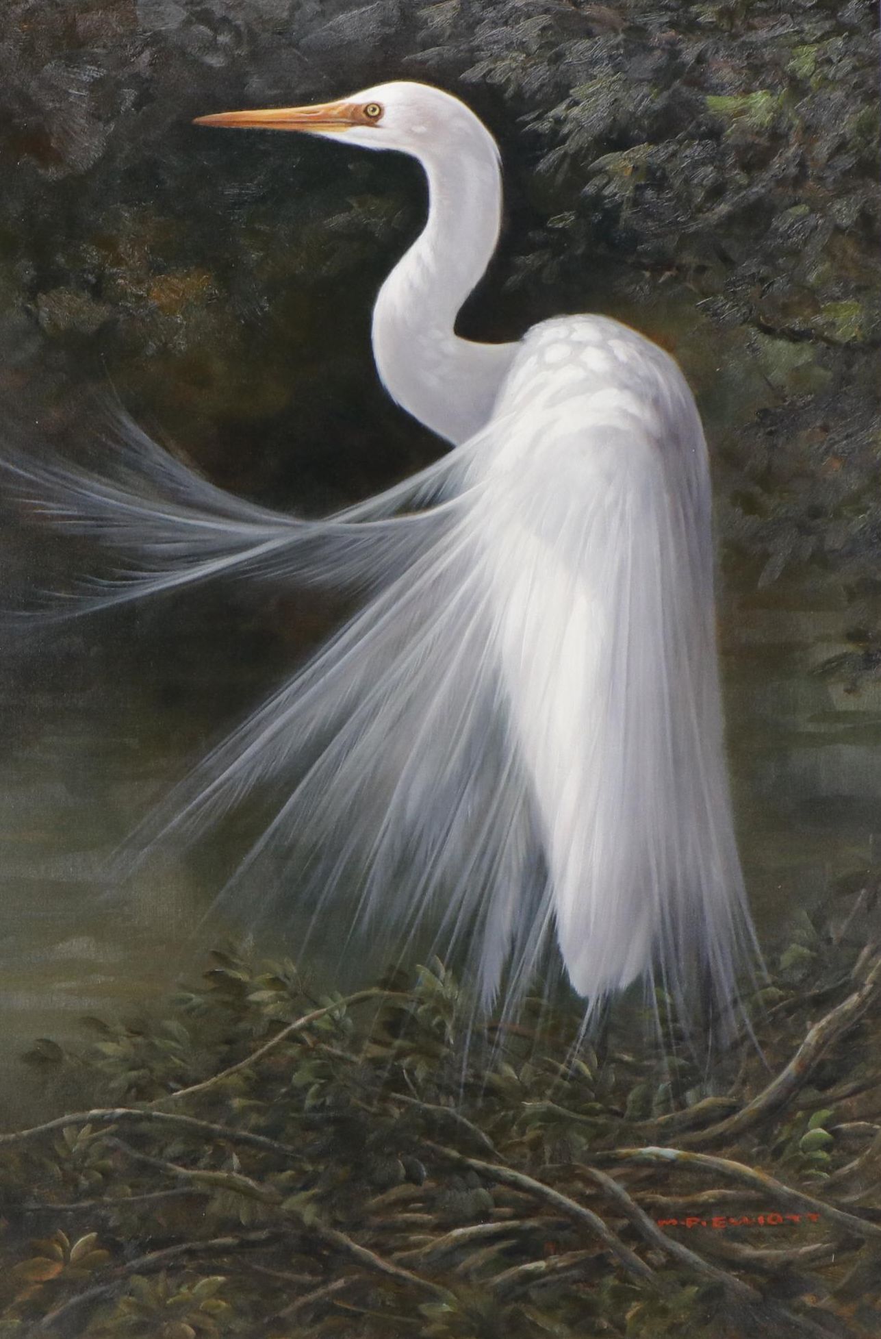MP Elliott Oil Painting of a White Egret, 21st Century