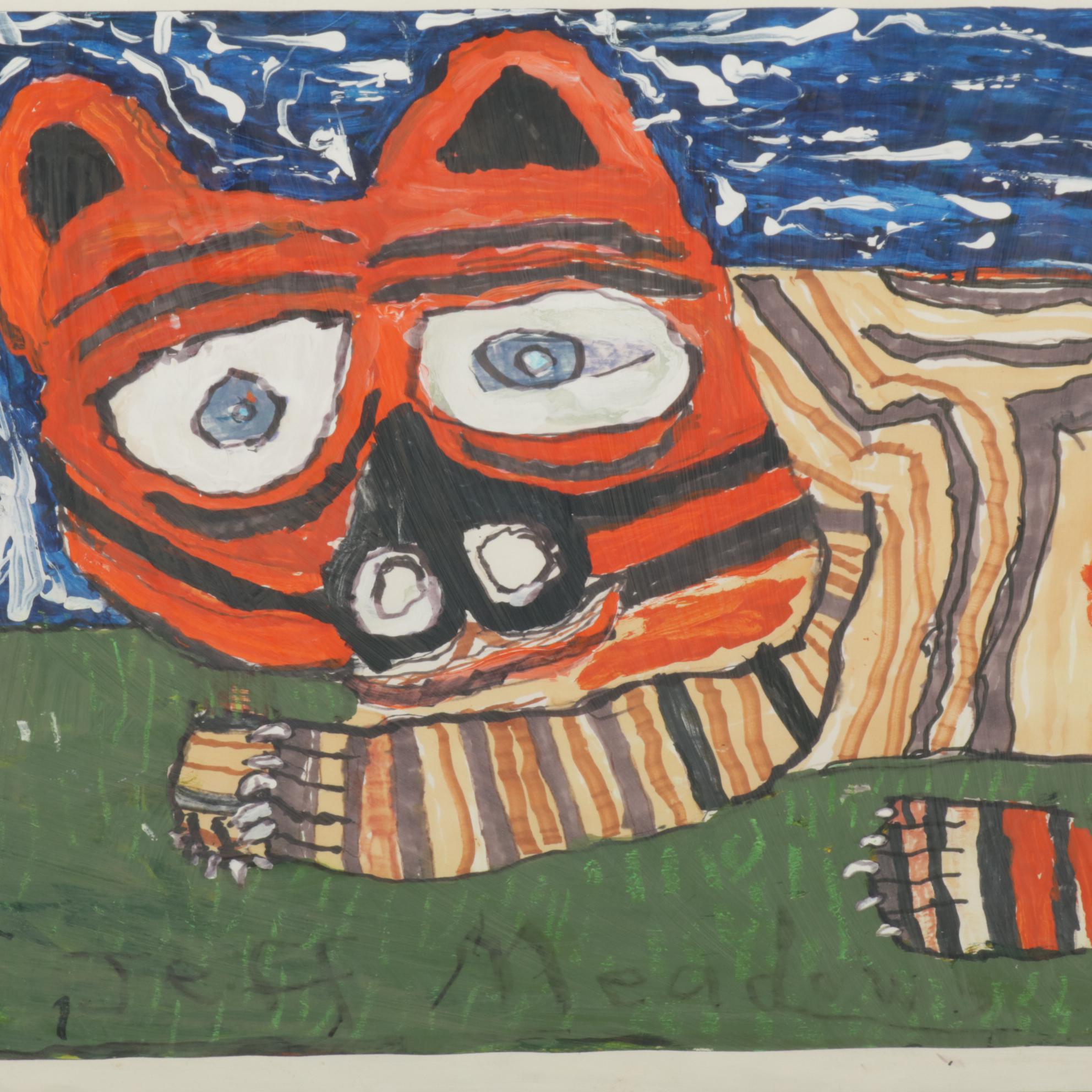 Jeff Meadows Outsider Art Mixed Media Painting "Tiger, Tiger," 2020