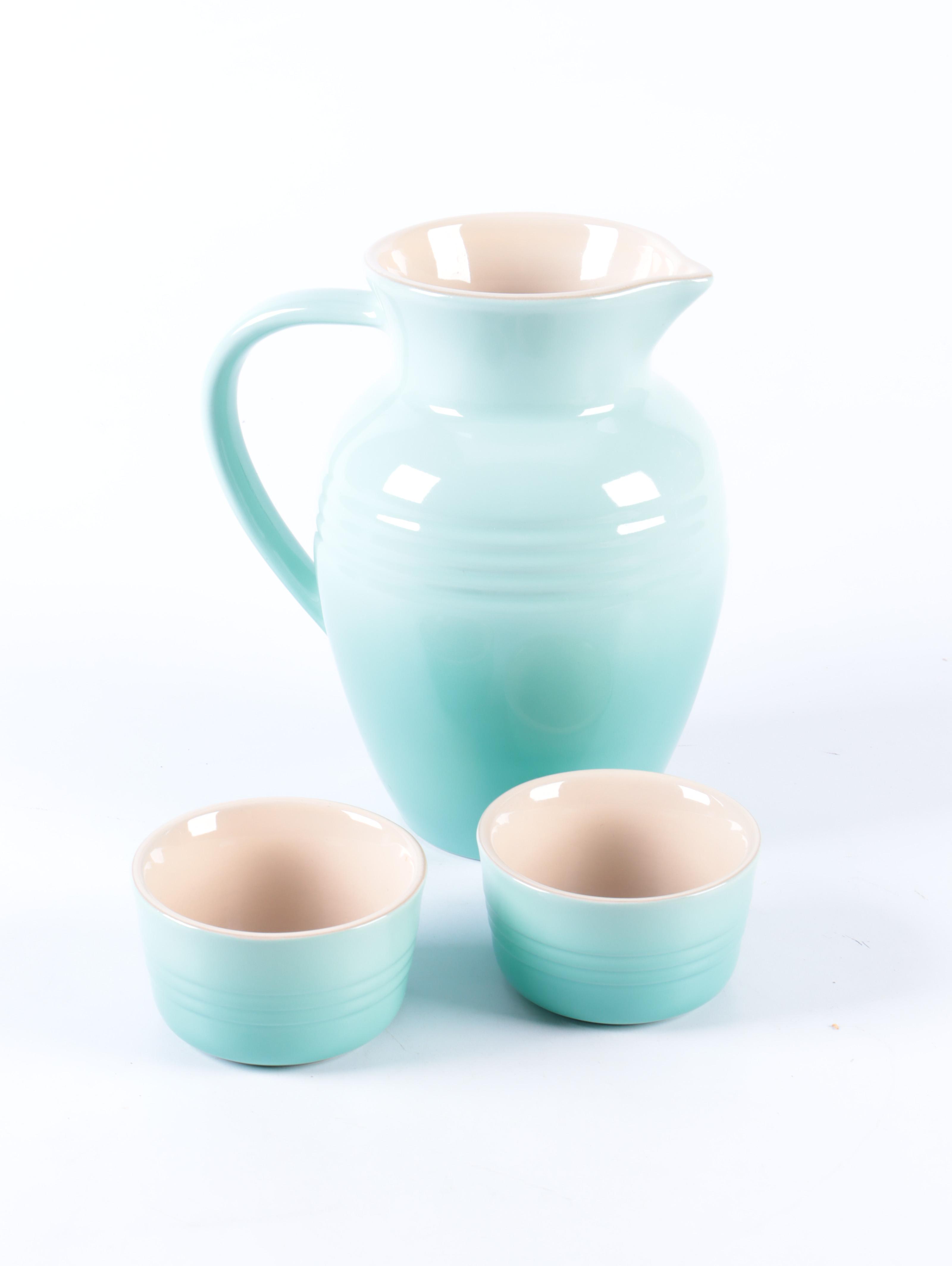 Le Creuset "Cool Mint" Pitcher and Custard Cups with Clay Baker and Dish Towel