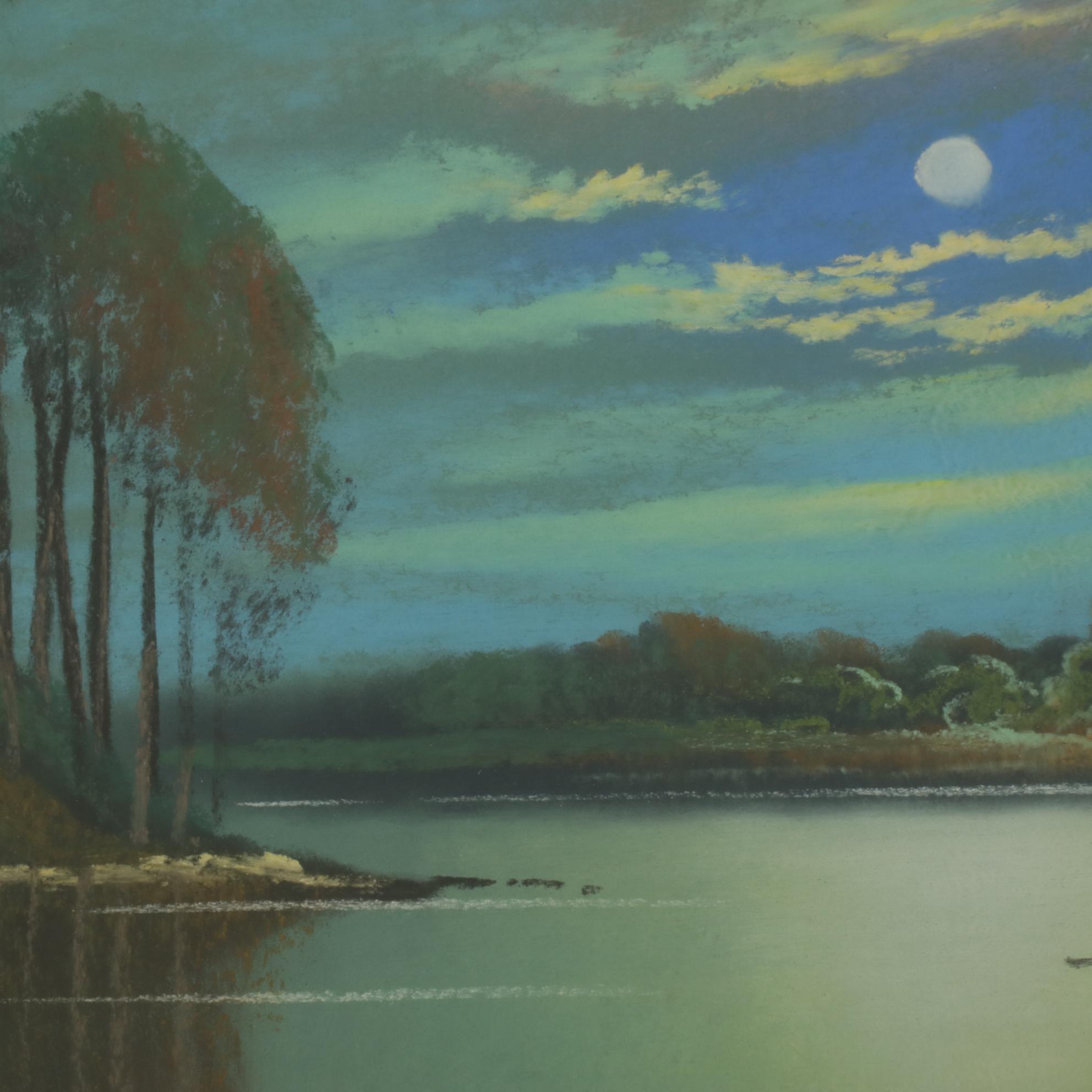 Albert Glatthaar Landscape Pastel Drawing "Moon Night," Early 20th Century