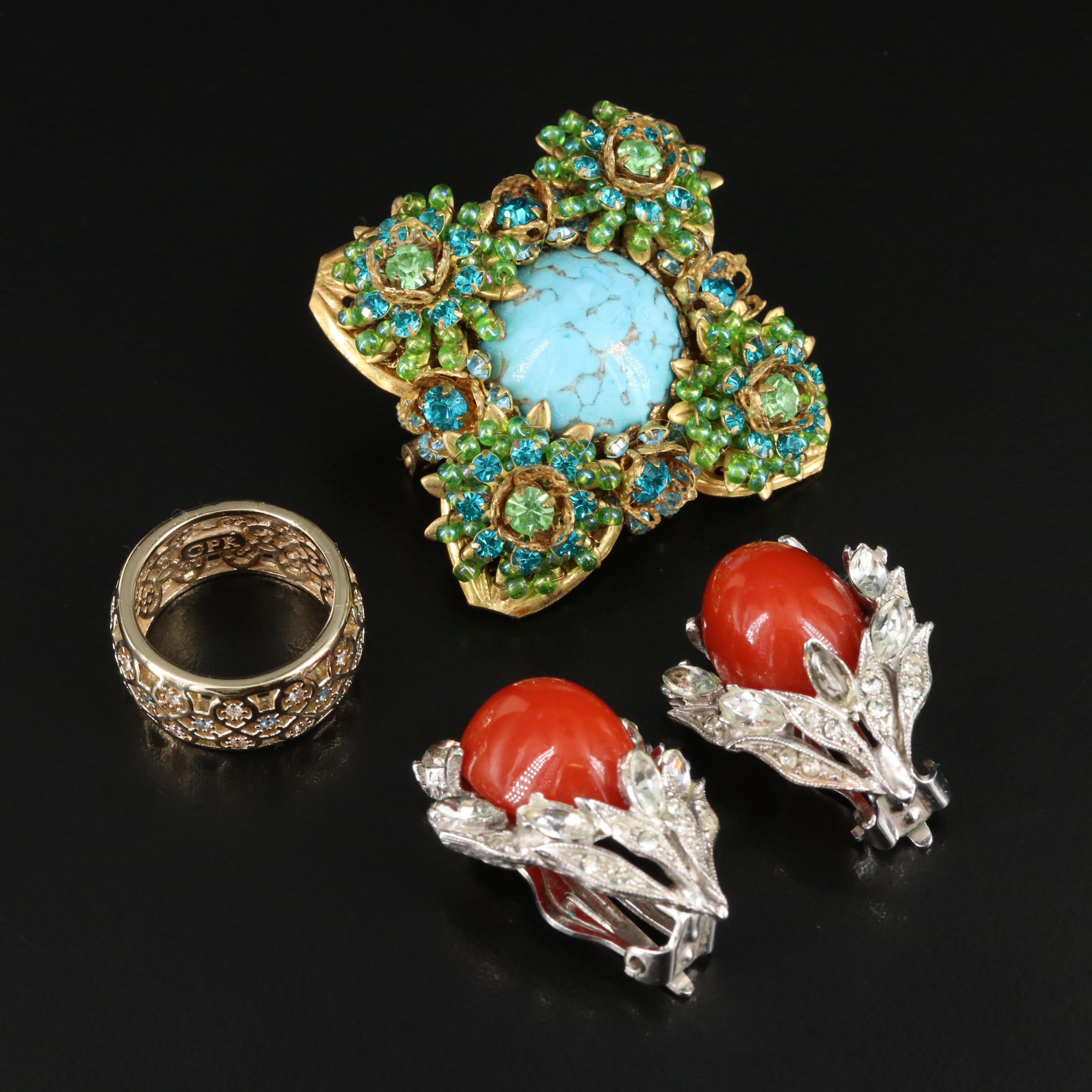 Vintage Mark Mercy Brooch and Grace Kelly Designs Ring with Faux Coral Earrings