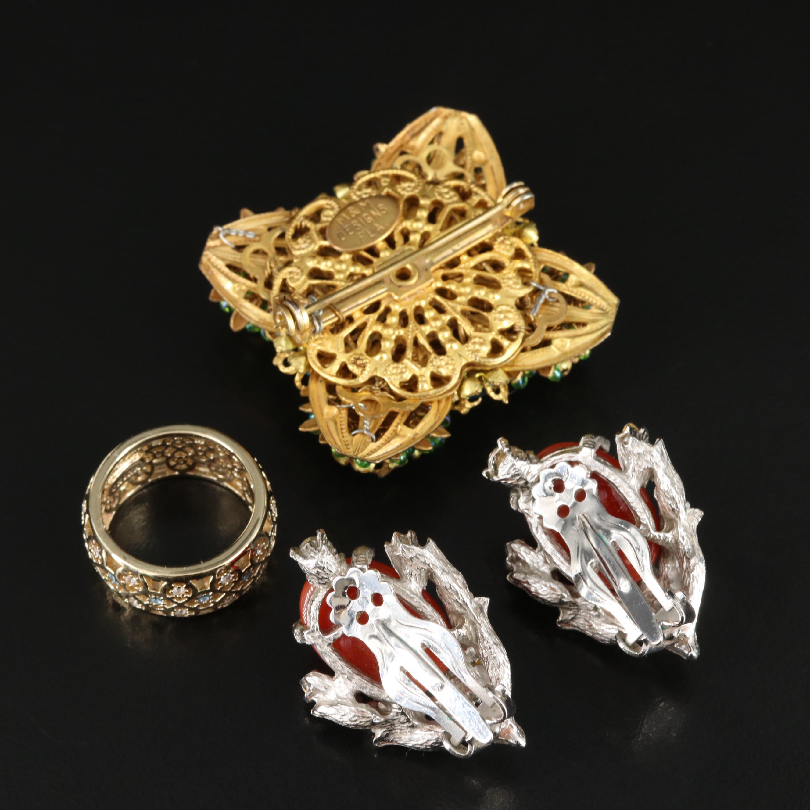 Vintage Mark Mercy Brooch and Grace Kelly Designs Ring with Faux Coral Earrings