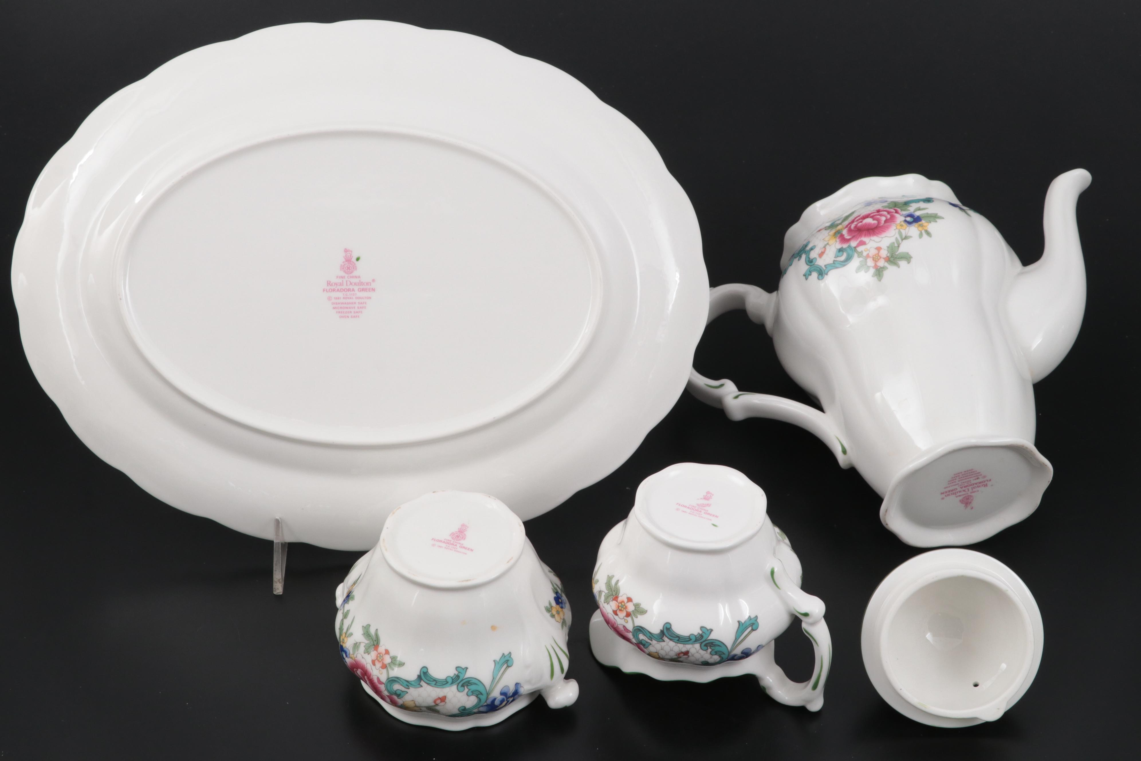 Royal Doulton "Floradora Green" Porcelain Serveware and Dinnerware, 1981