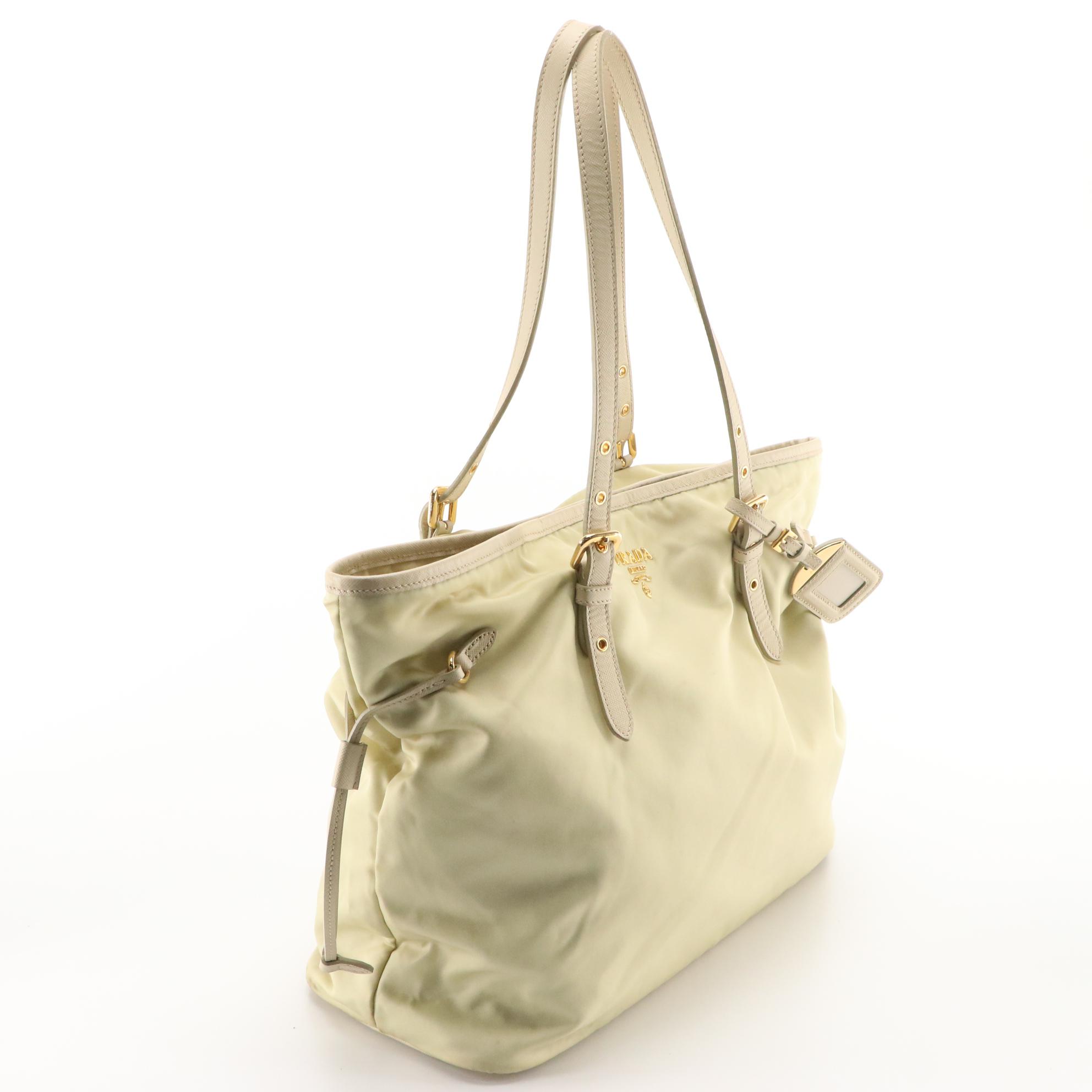 Prada Ivory/Beige Tessuto Nylon and Saffiano Leather Tote Bag