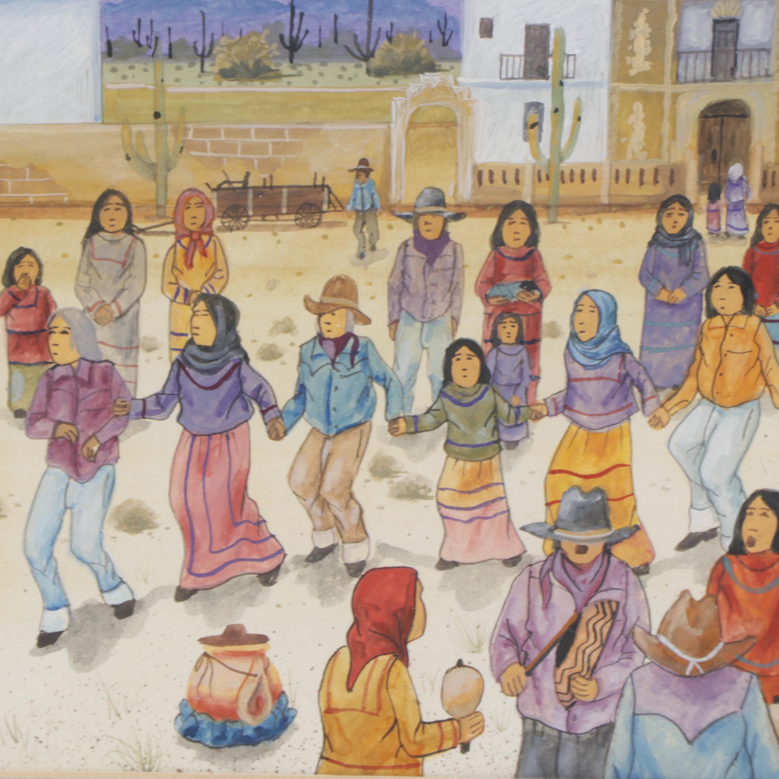 Michael Chiago Watercolor Painting "Tohono O'odham Friendship Dance," 2013