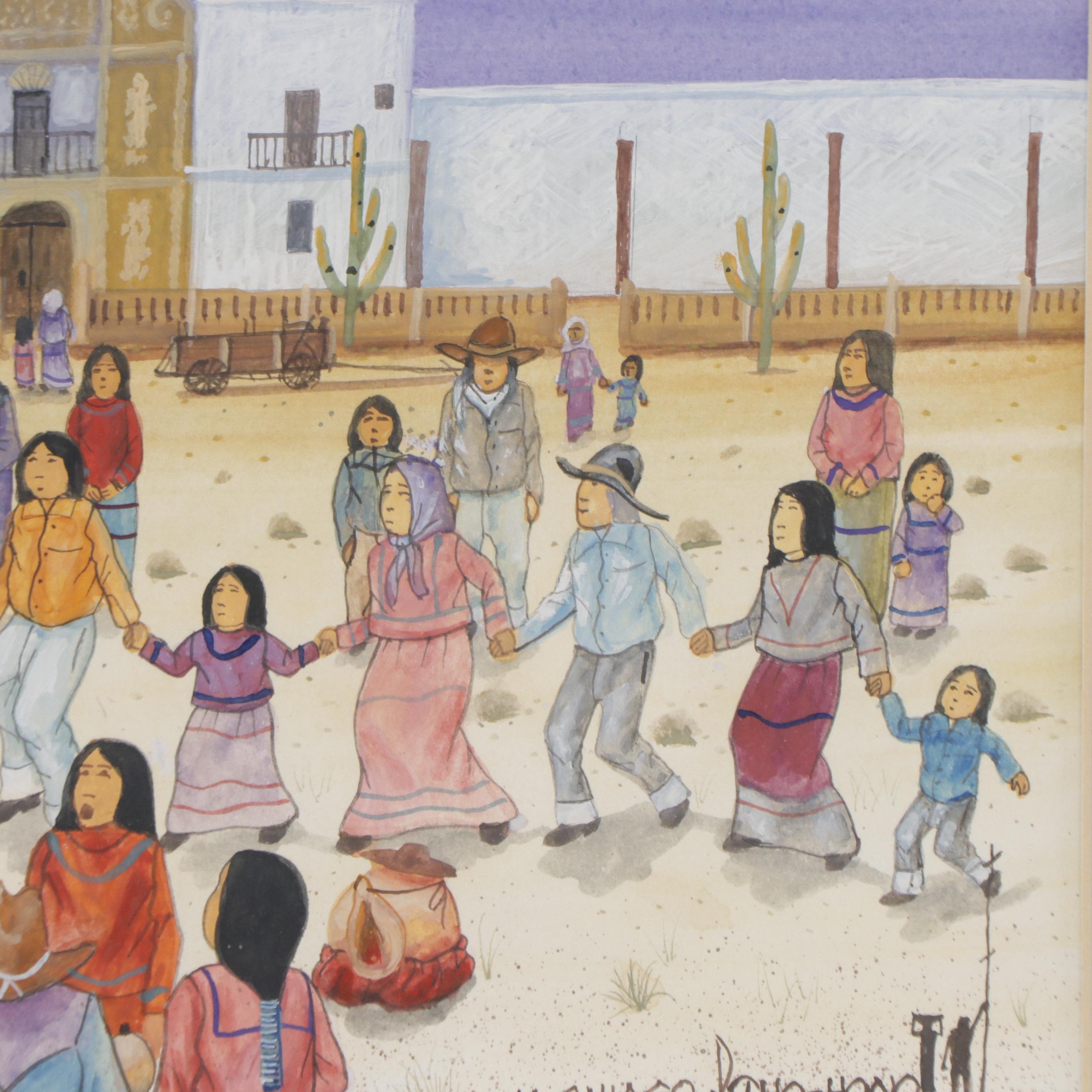 Michael Chiago Watercolor Painting "Tohono O'odham Friendship Dance," 2013