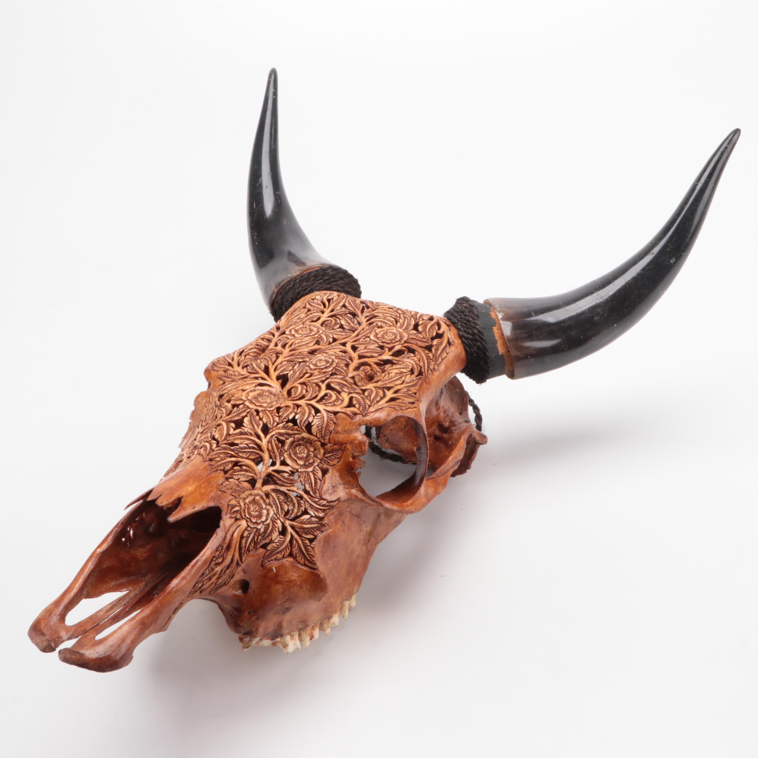 Hand-Carved and Dyed Cow Skull With Horns