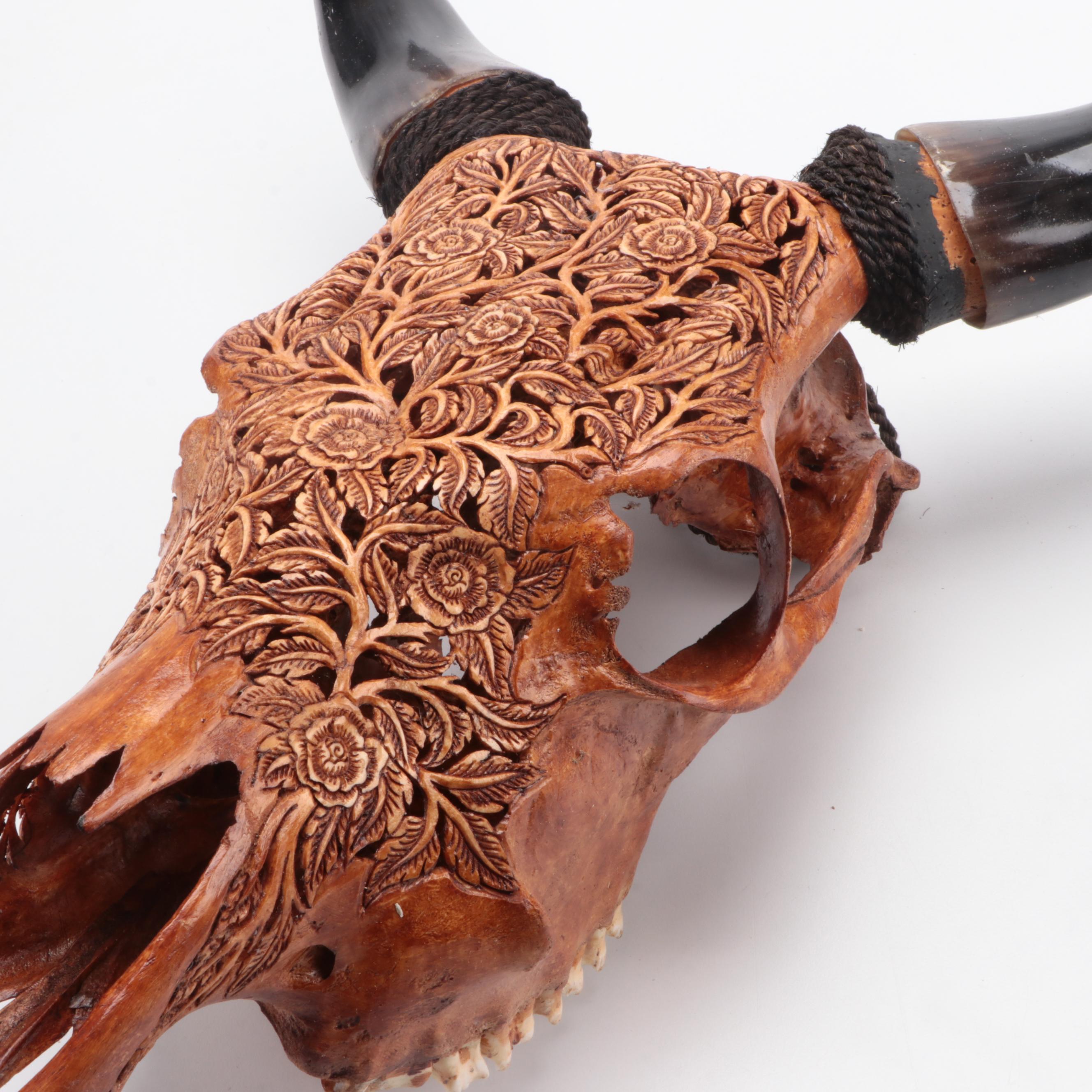 Hand-Carved and Dyed Cow Skull With Horns