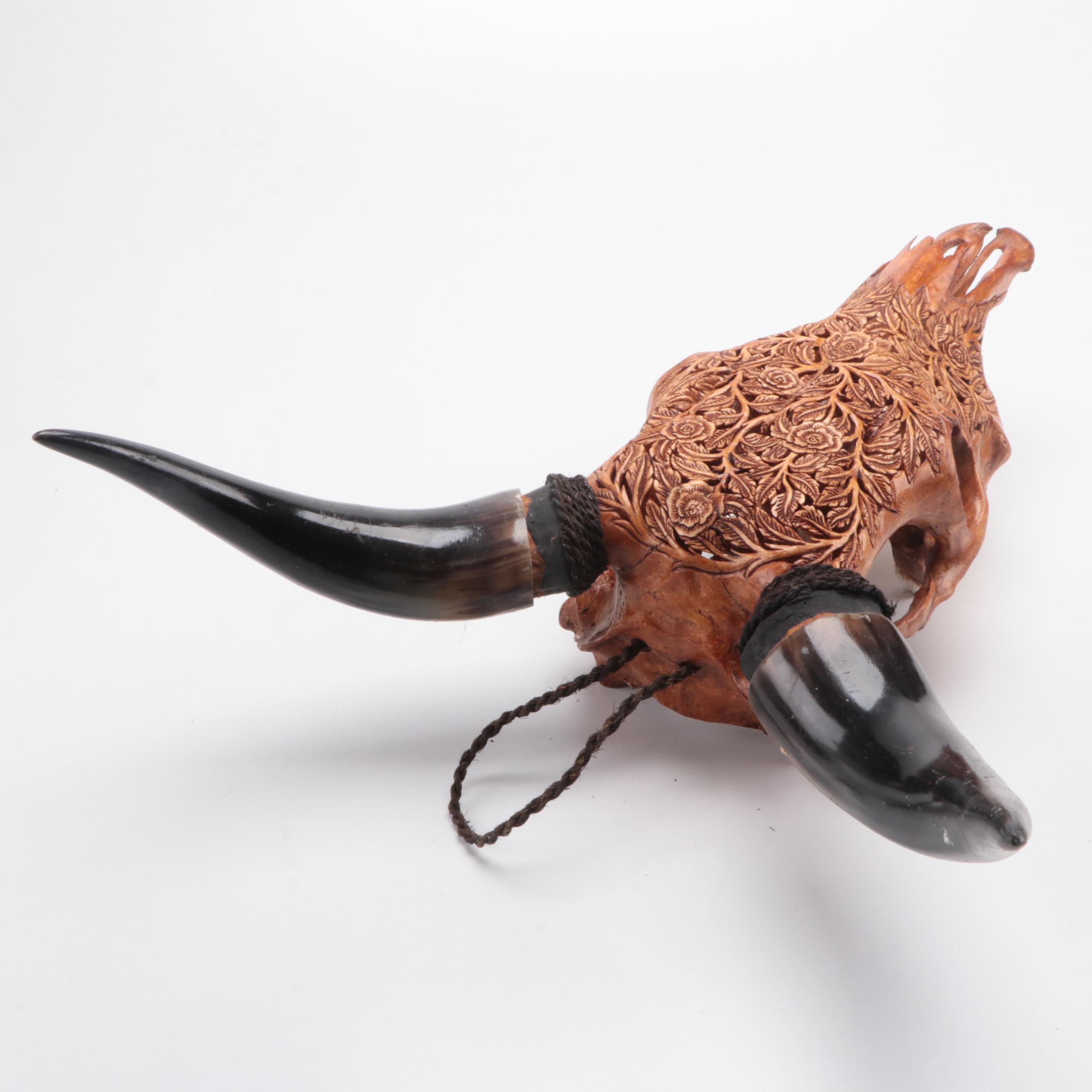 Hand-Carved and Dyed Cow Skull With Horns