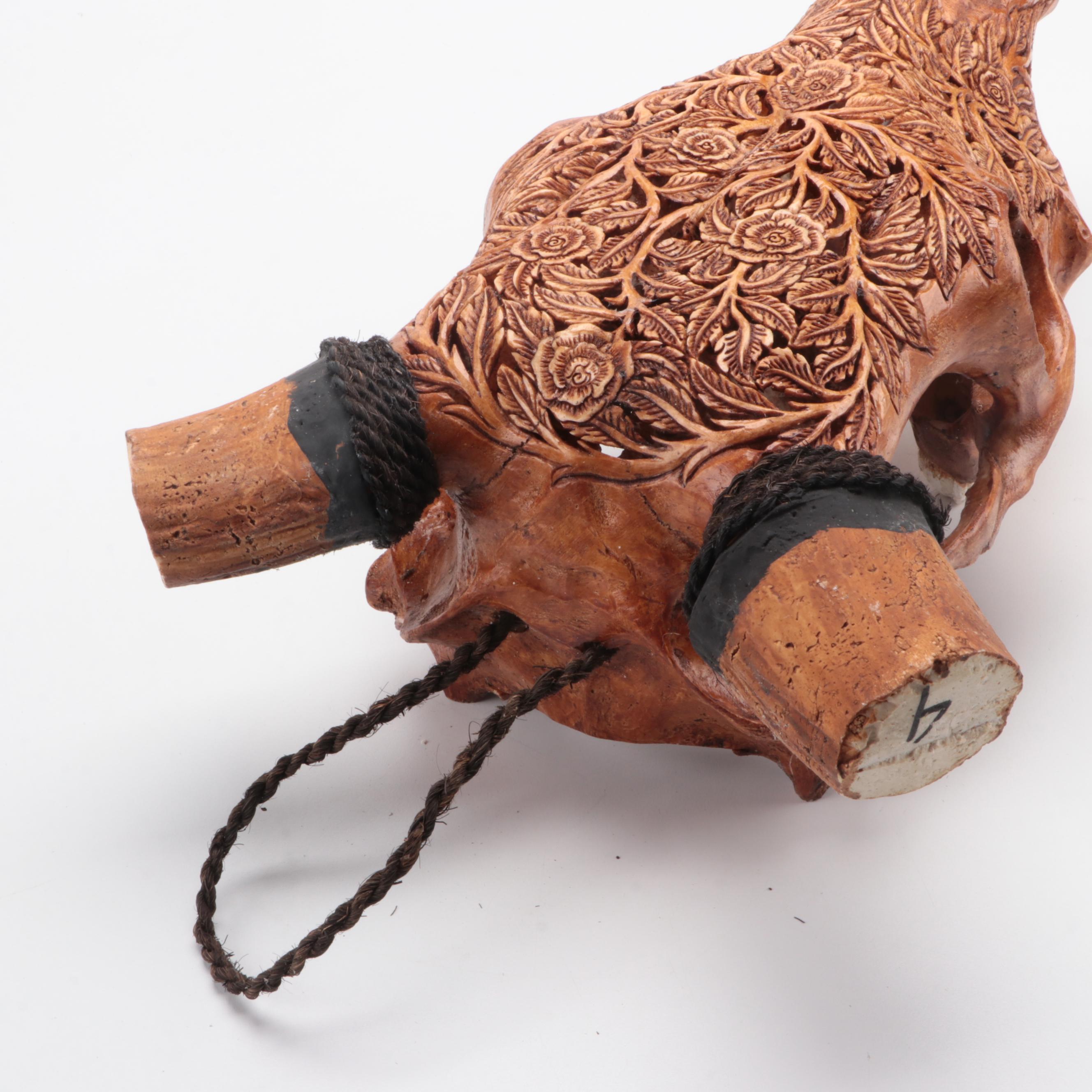 Hand-Carved and Dyed Cow Skull With Horns