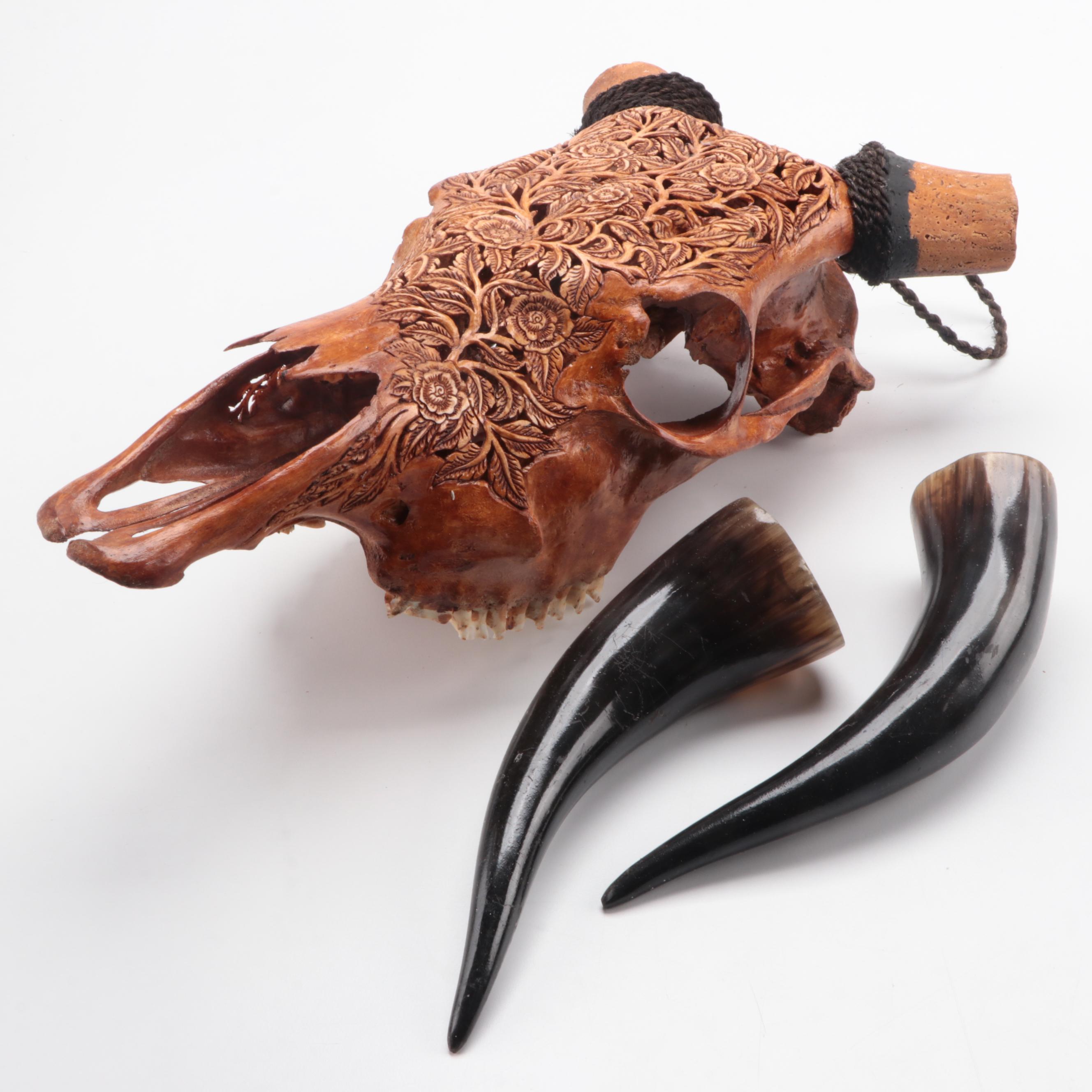 Hand-Carved and Dyed Cow Skull With Horns