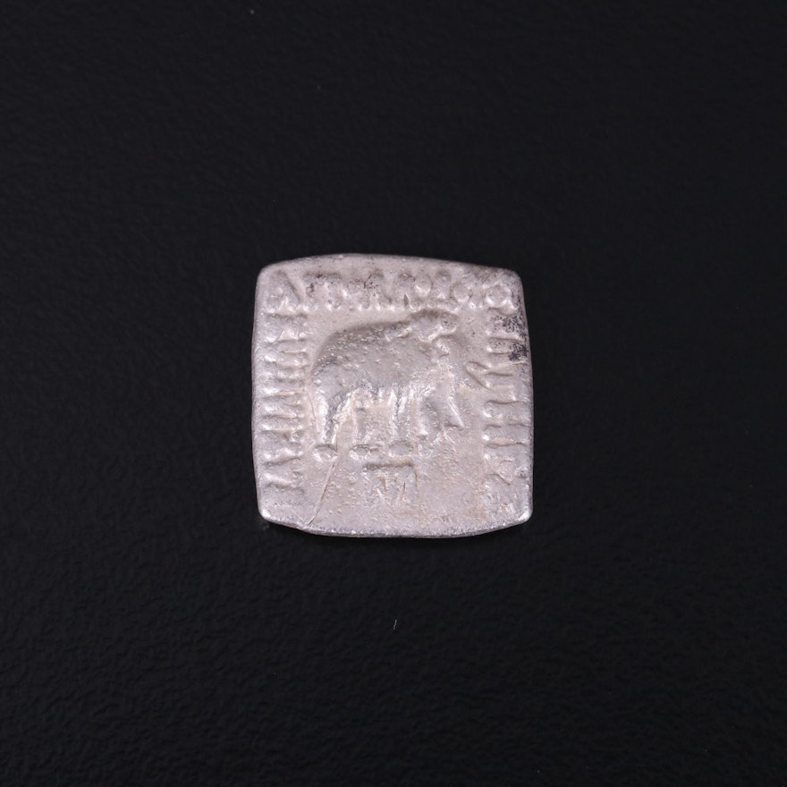 Ancient Baktrian Kingdom AR Square Drachm Coin of Apollodotos I, ca. 174 B.C.