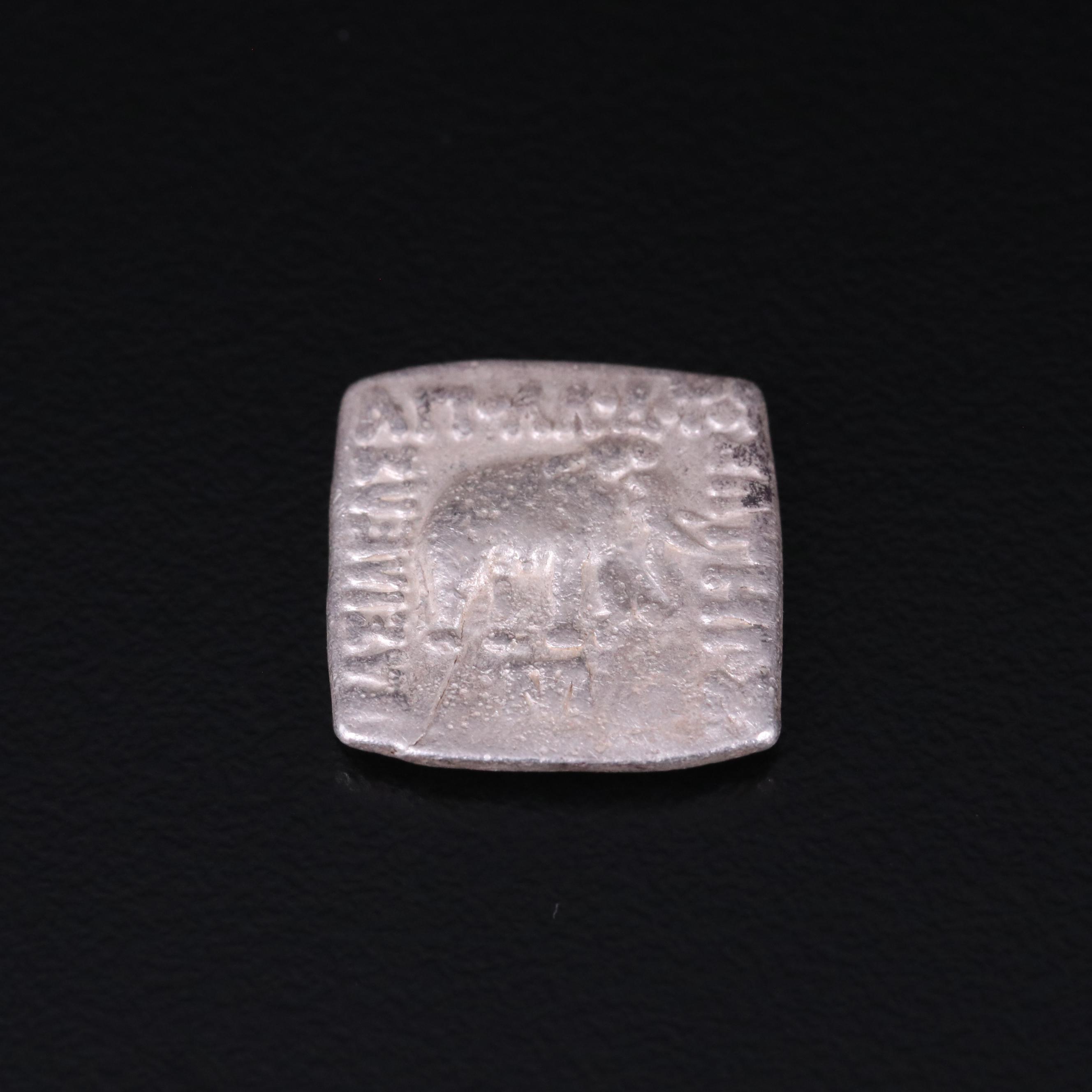 Ancient Baktrian Kingdom AR Square Drachm Coin of Apollodotos I, ca. 174 B.C.