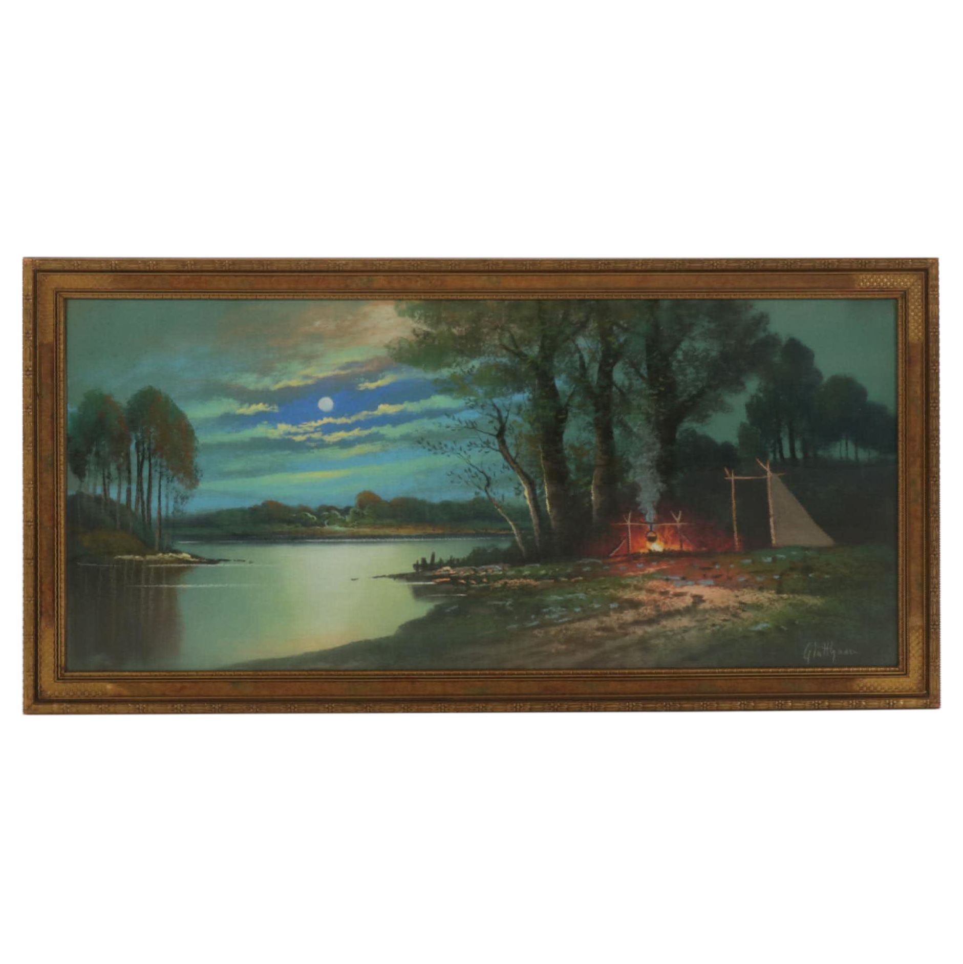 Albert Glatthaar Landscape Pastel Drawing "Moon Night," Early 20th Century
