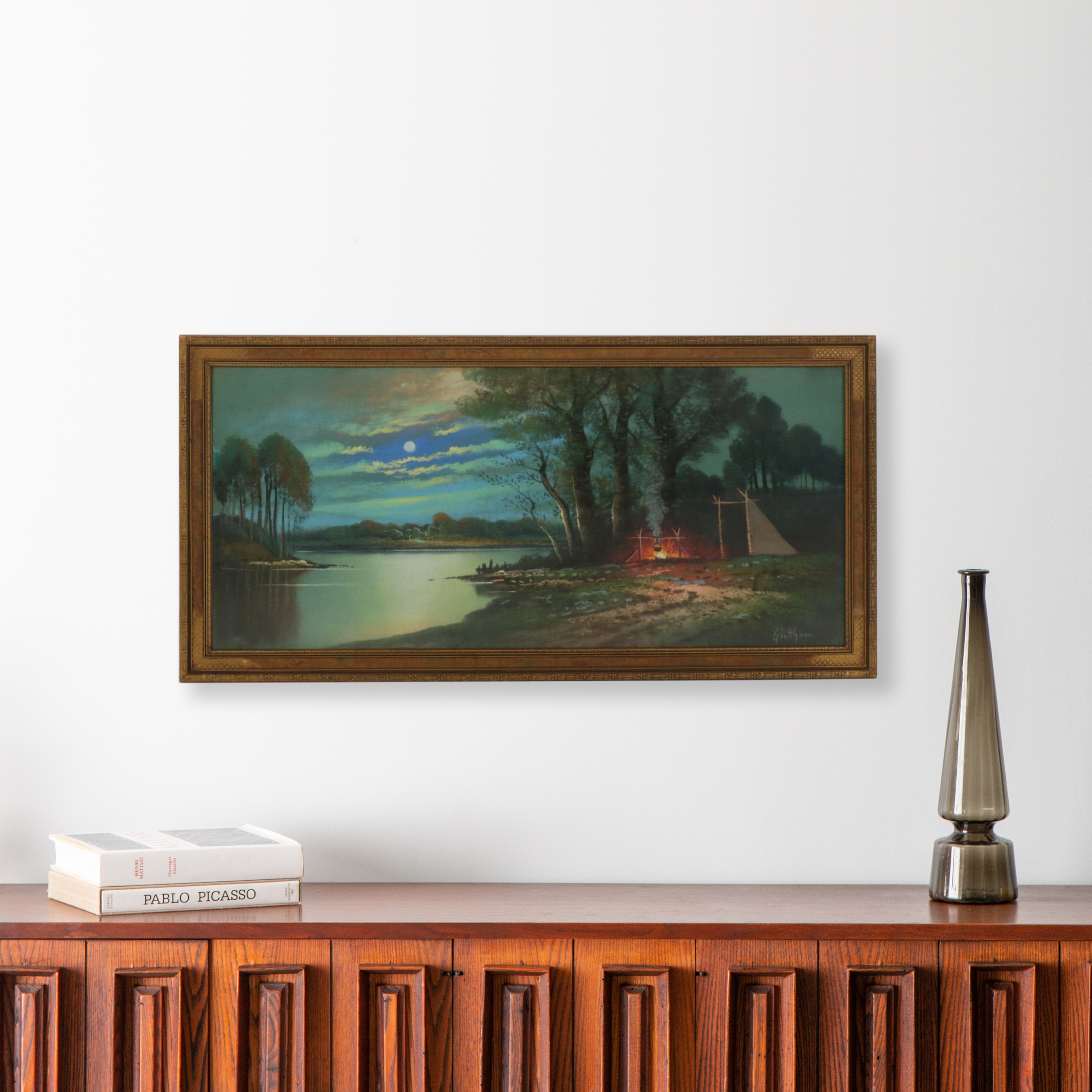 Albert Glatthaar Landscape Pastel Drawing "Moon Night," Early 20th Century