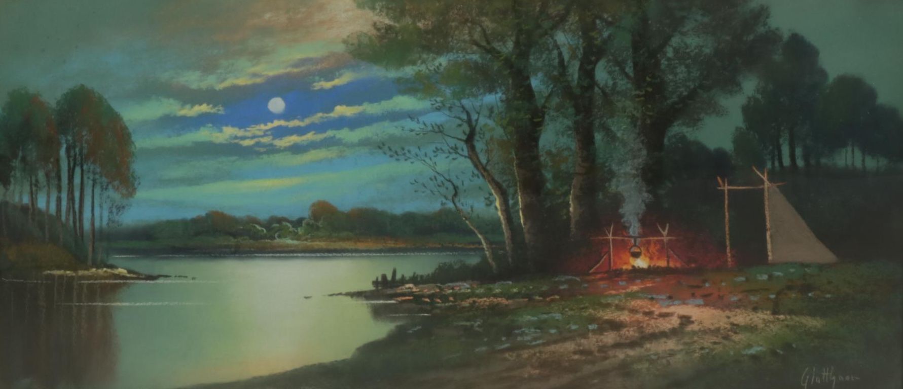 Albert Glatthaar Landscape Pastel Drawing "Moon Night," Early 20th Century