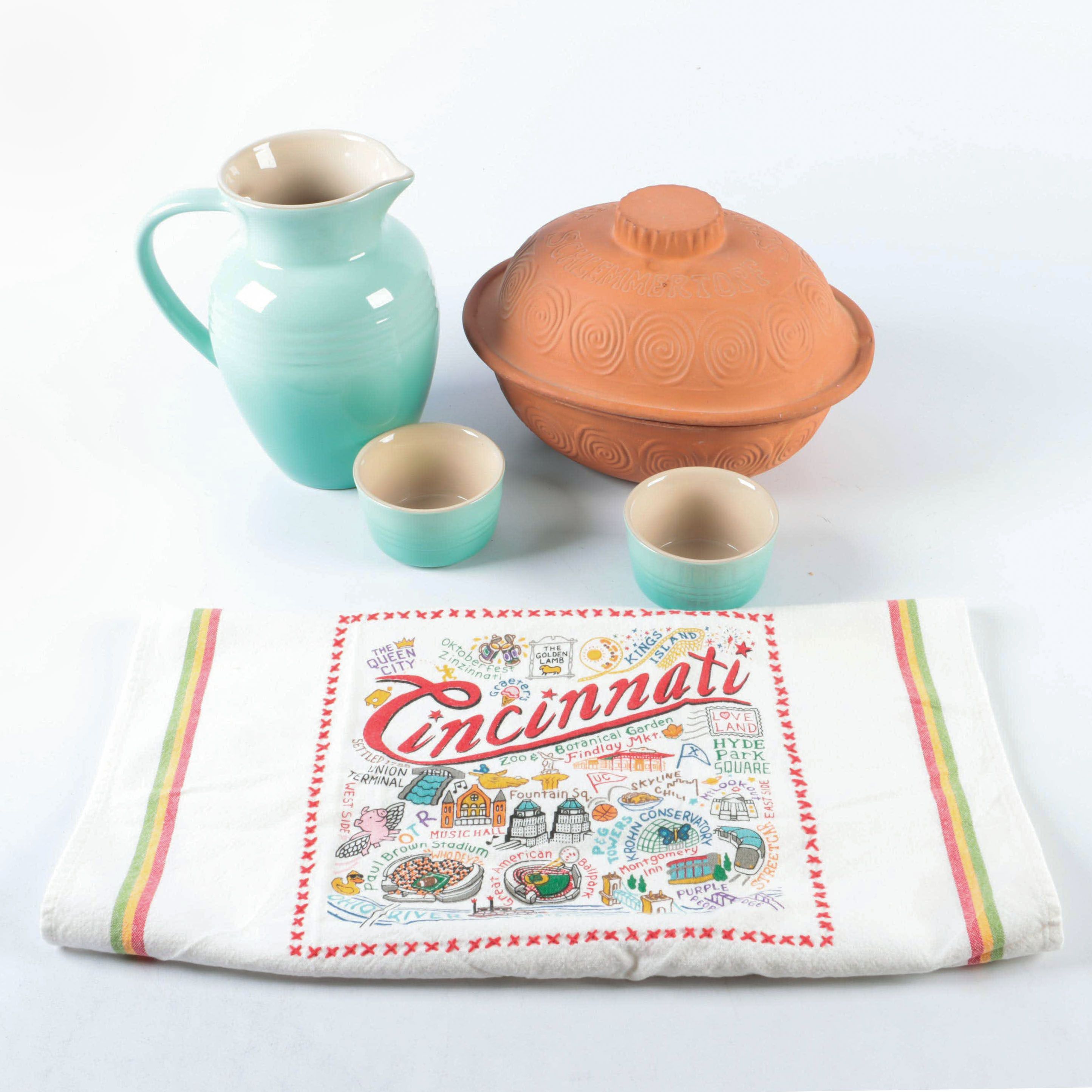 Le Creuset "Cool Mint" Pitcher and Custard Cups with Clay Baker and Dish Towel