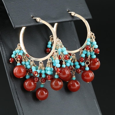 Gold-Filled Carnelian and Turquoise Hoop Earrings