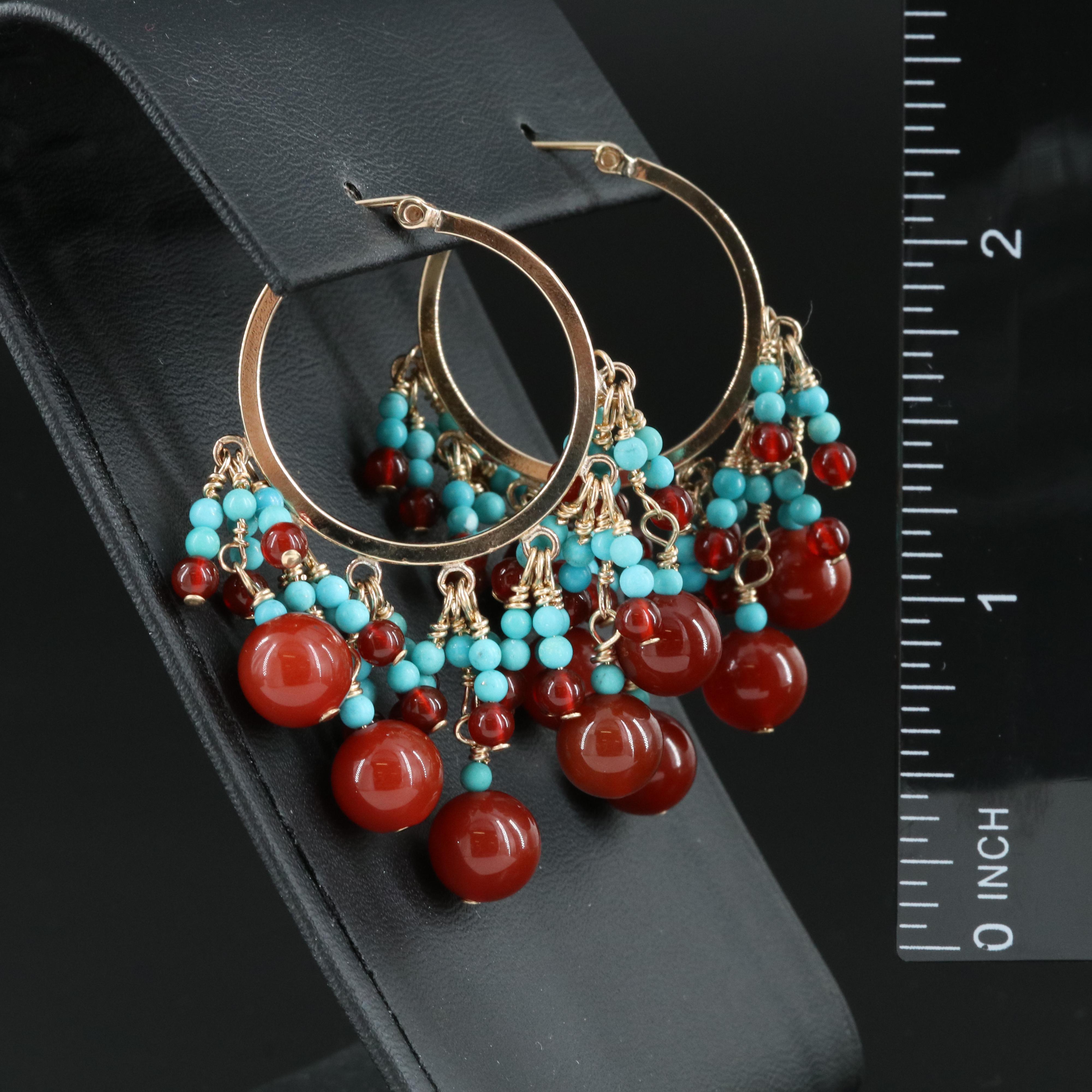 Gold-Filled Carnelian and Turquoise Hoop Earrings