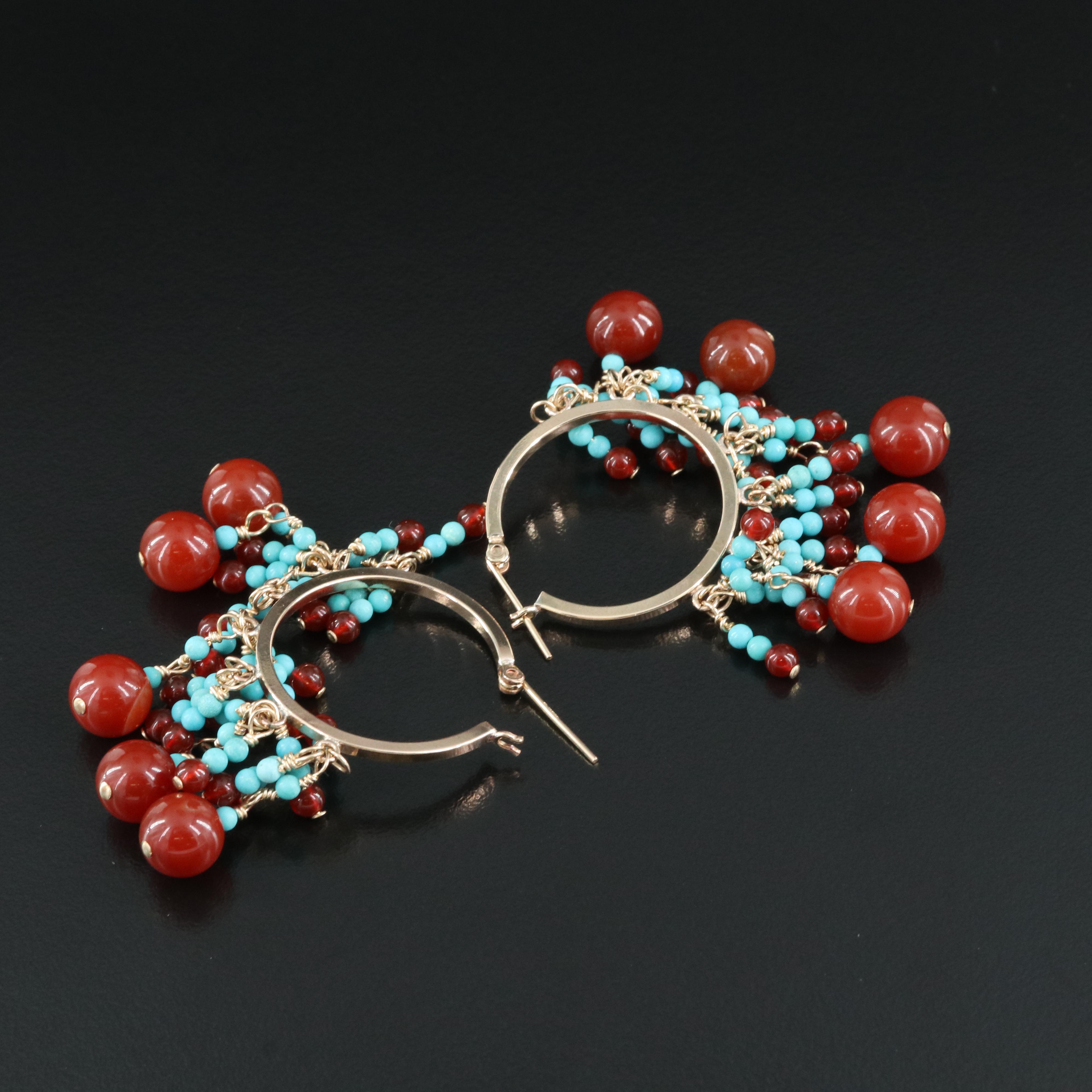 Gold-Filled Carnelian and Turquoise Hoop Earrings