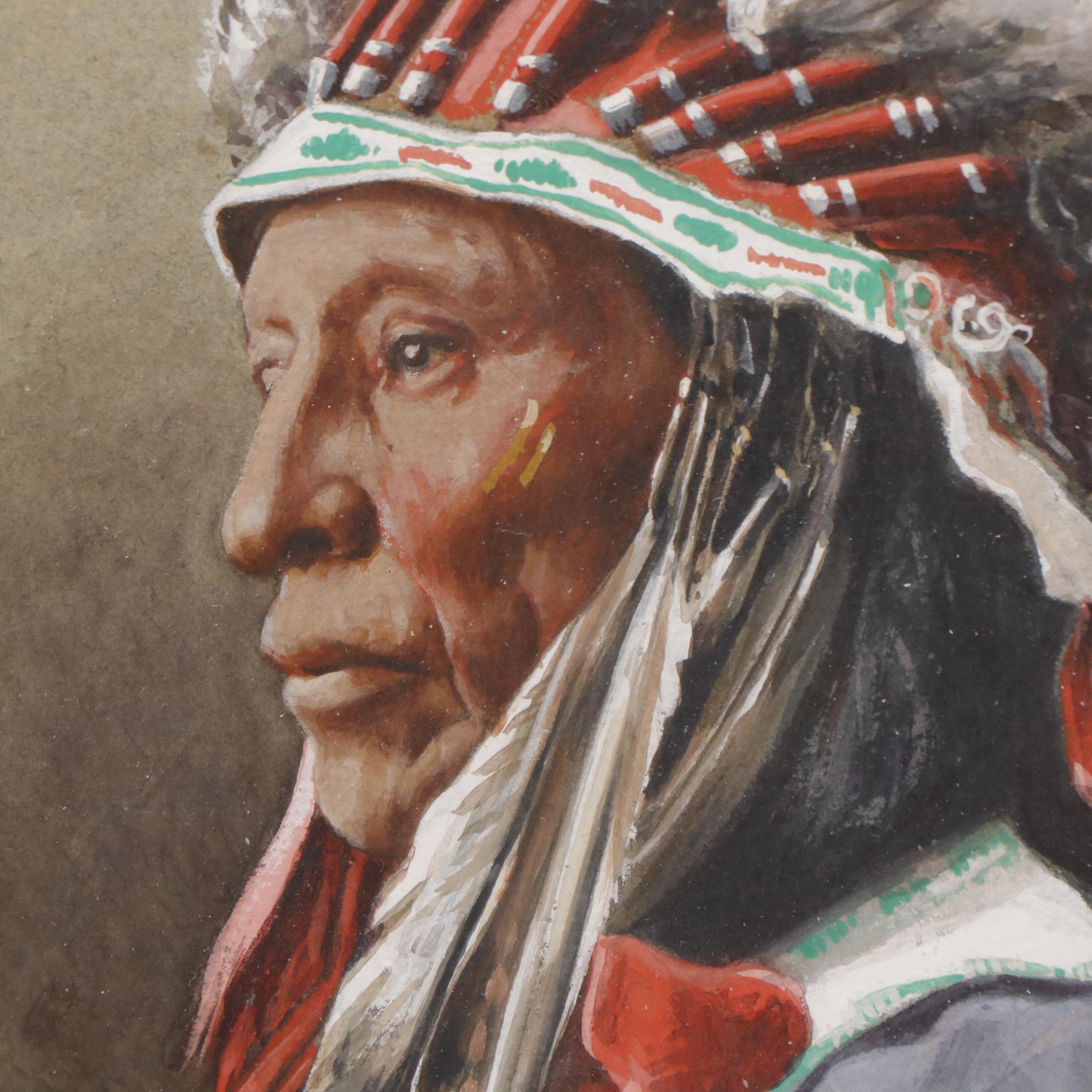 John Hauser Native American Chief Portrait Gouache Painting, 1899