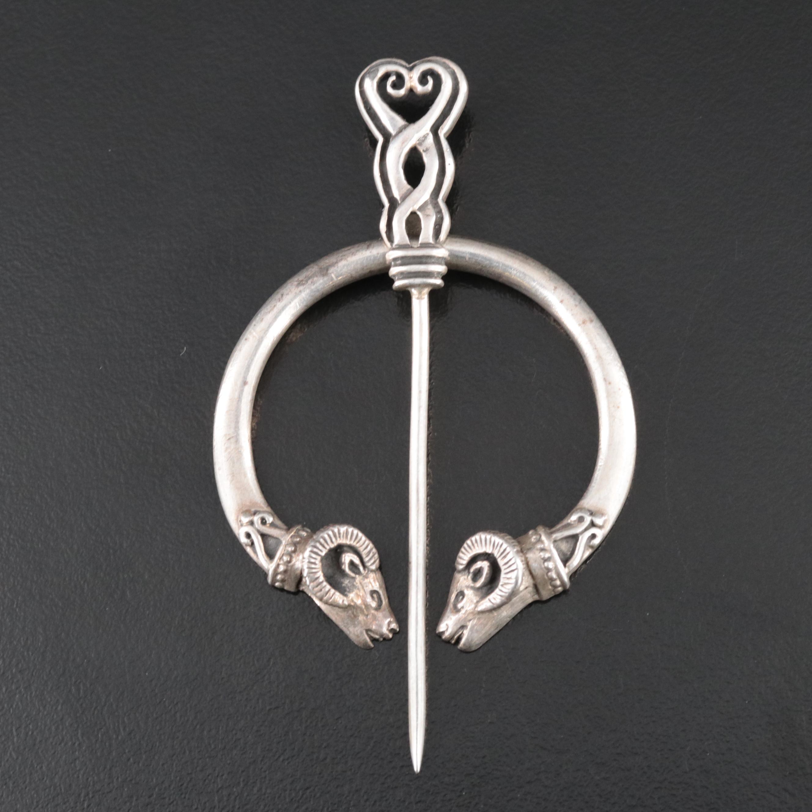 Sterling Rams Head Penannular Brooch