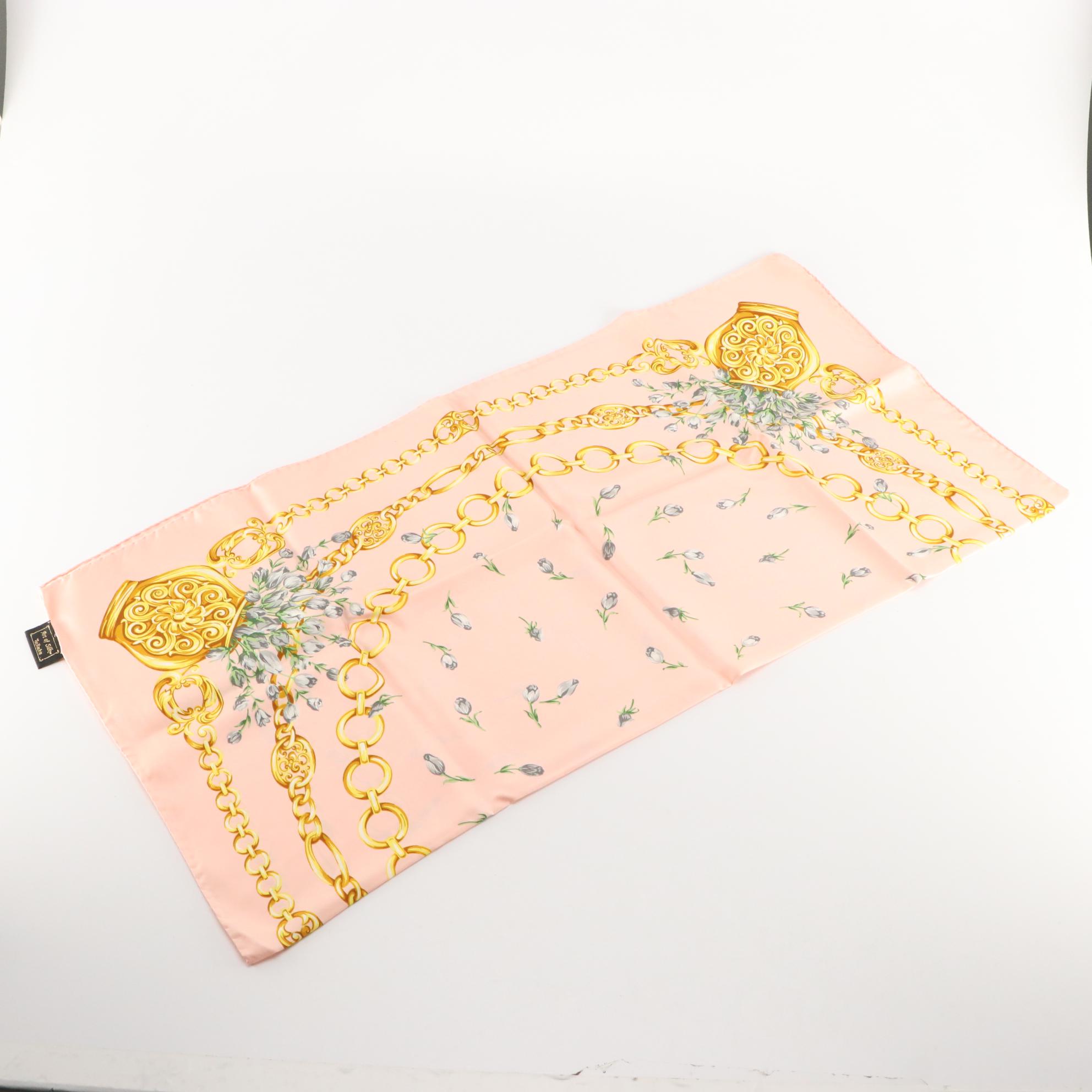 Talbots and Other Printed Silk Scarves with Black Hand-Knotted Fringe Scarf