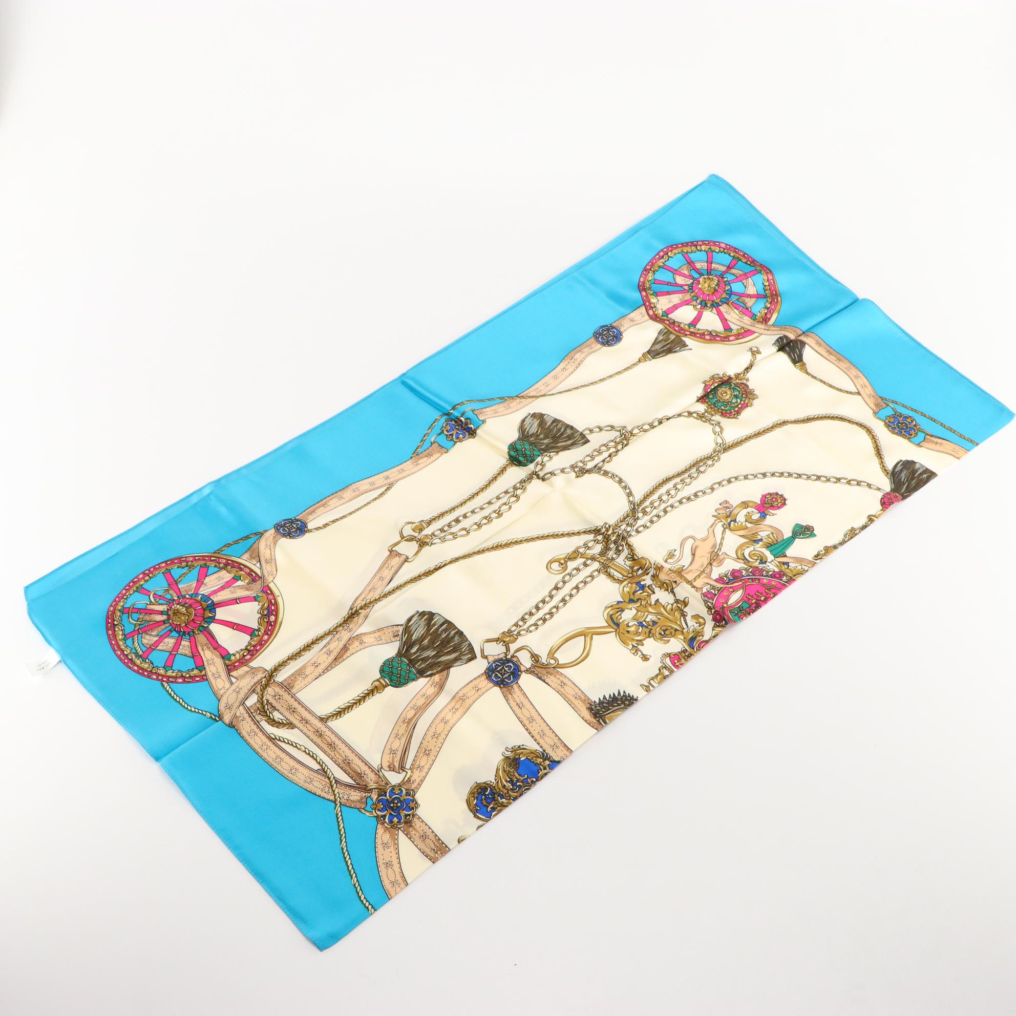 Talbots and Other Printed Silk Scarves with Black Hand-Knotted Fringe Scarf