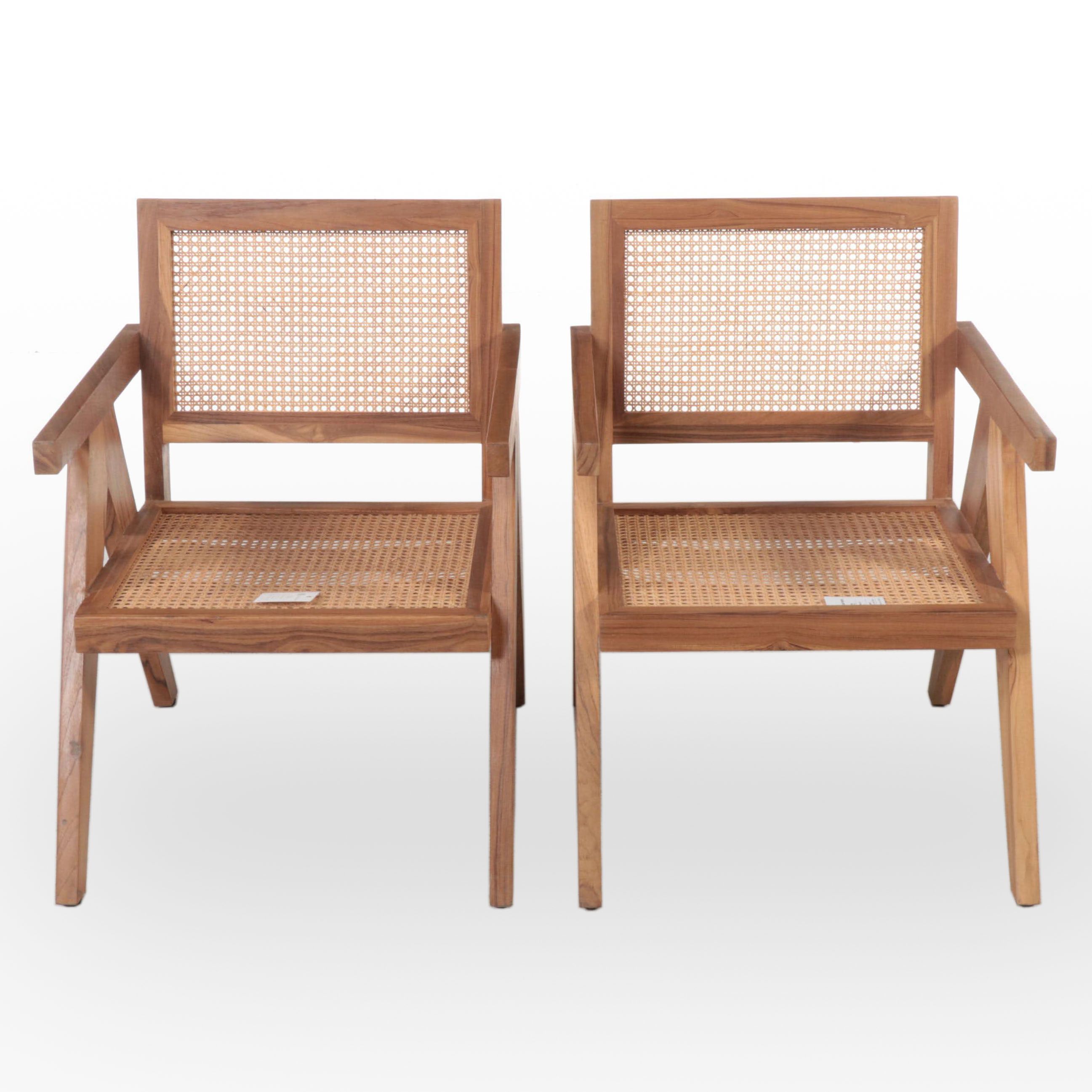 Pair of Blue Ocean Traders "Nimes" Modernist Style Hardwood and Caned Armchairs