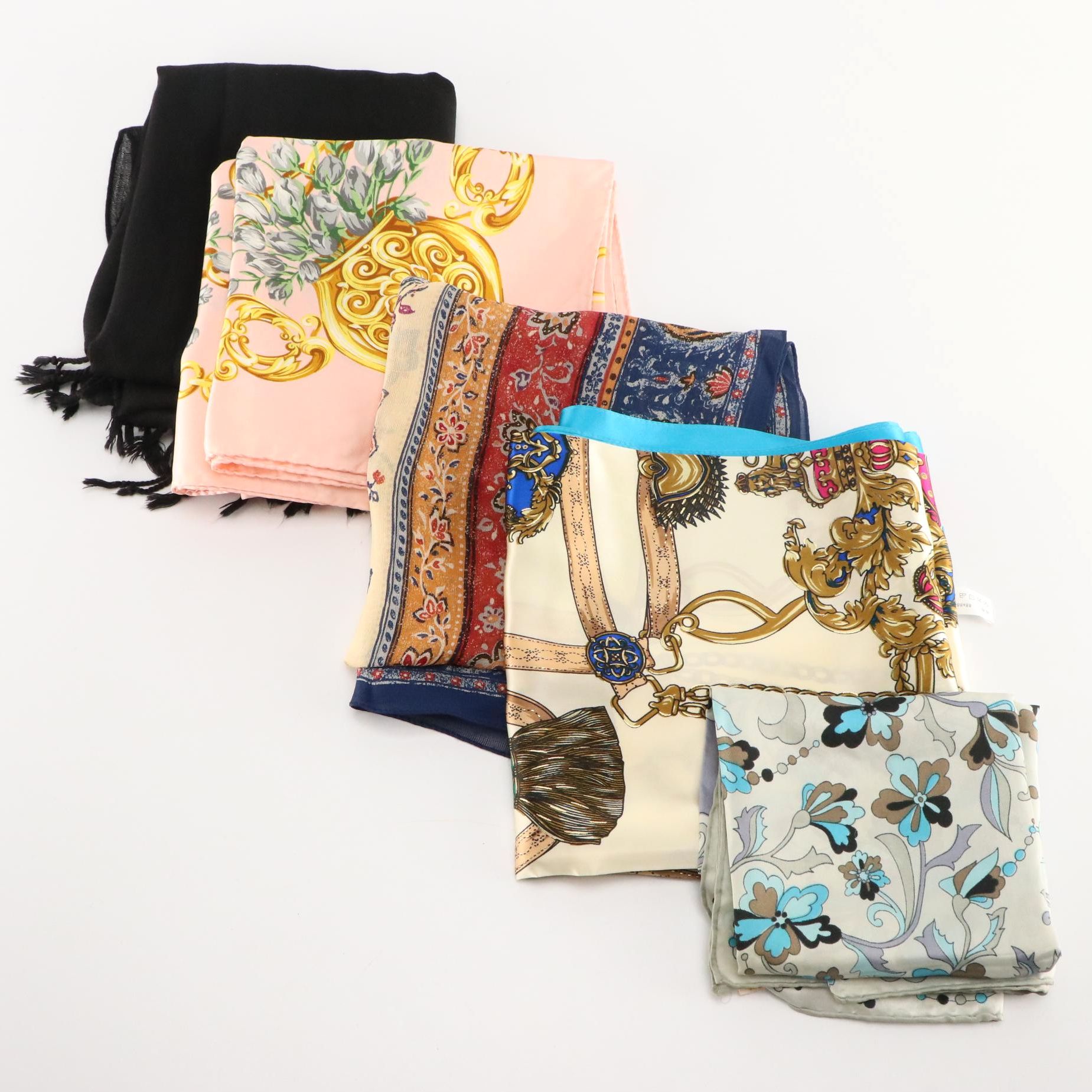 Talbots and Other Printed Silk Scarves with Black Hand-Knotted Fringe Scarf