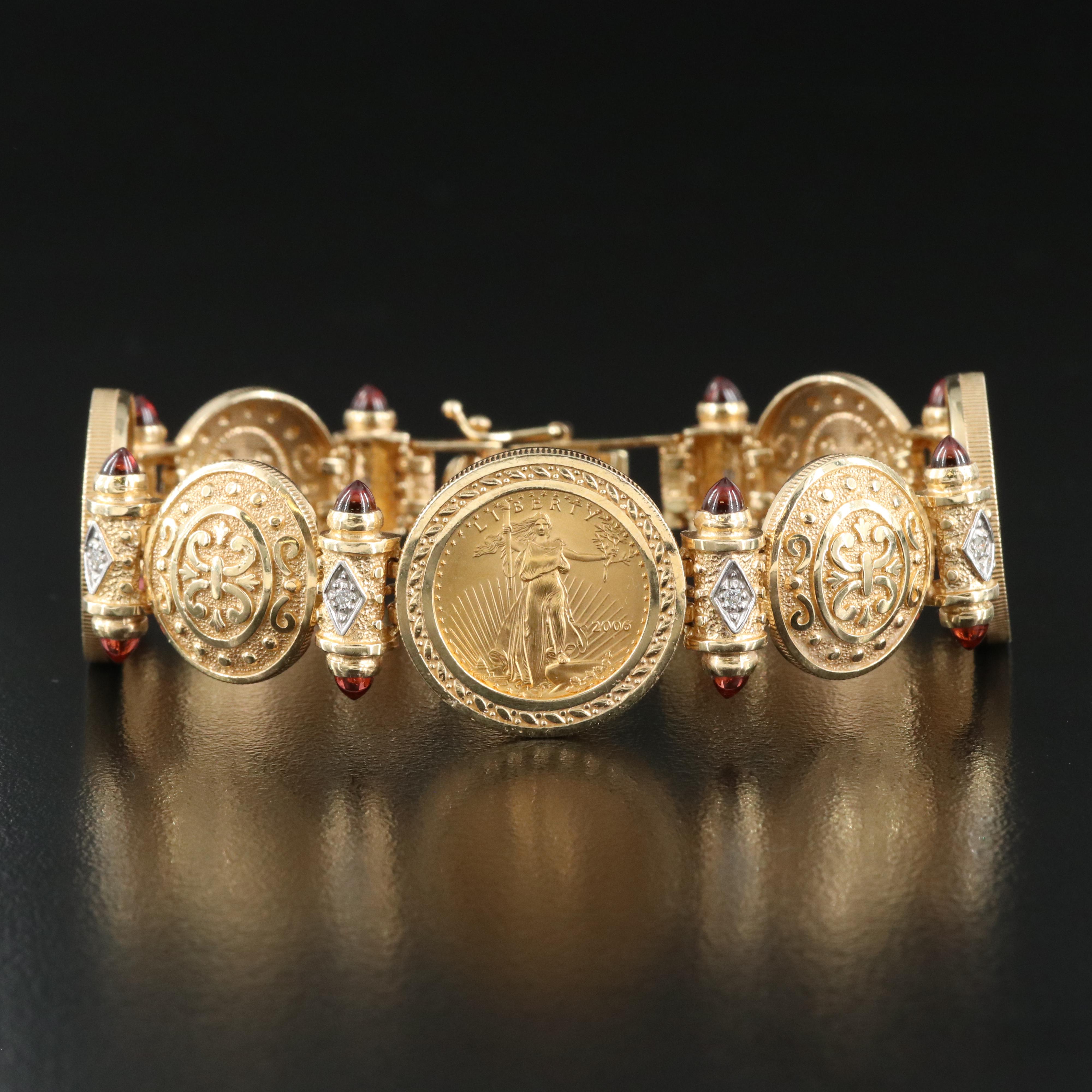 14K Gold Eagle Coin with Garnet and Diamond Bracelet