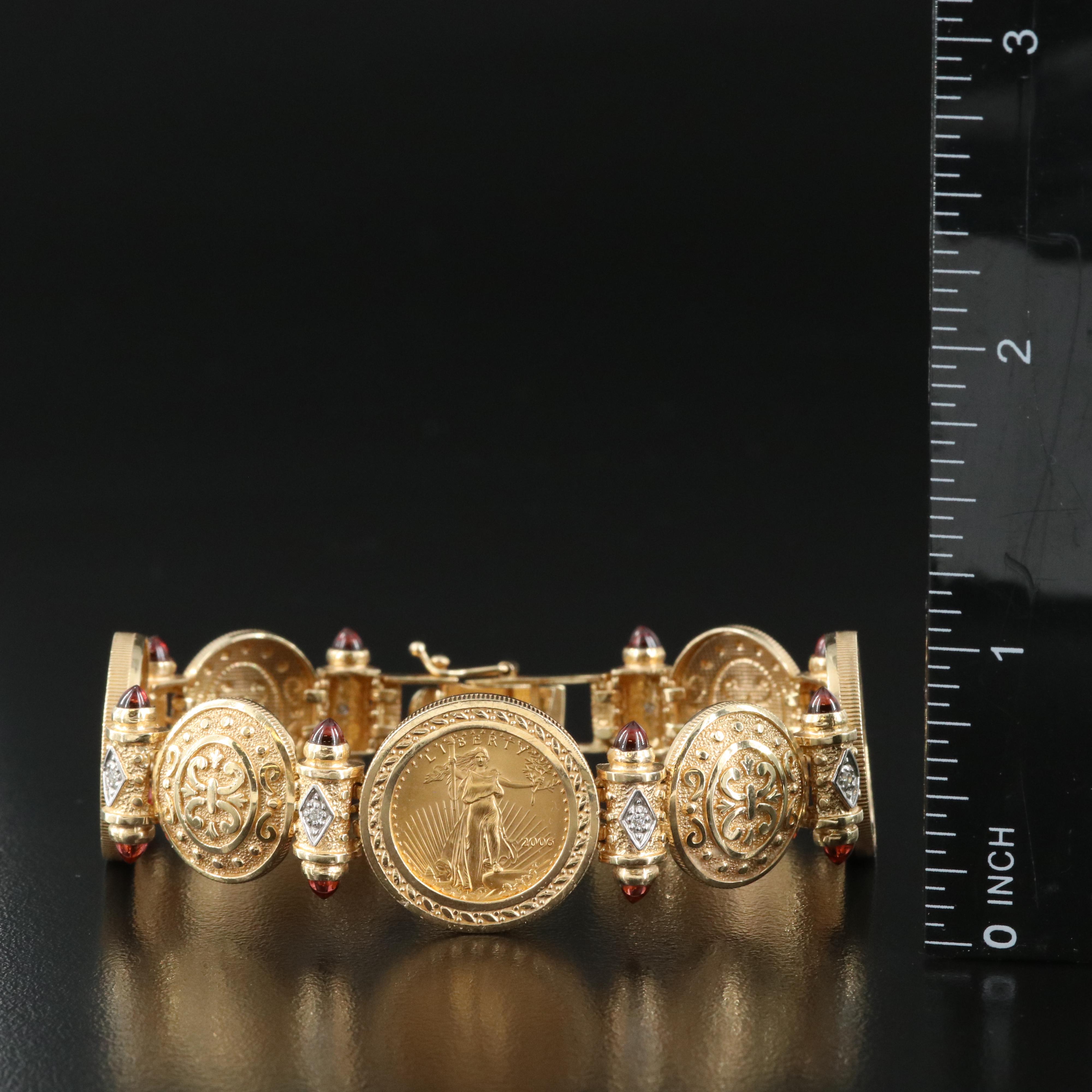 14K Gold Eagle Coin with Garnet and Diamond Bracelet