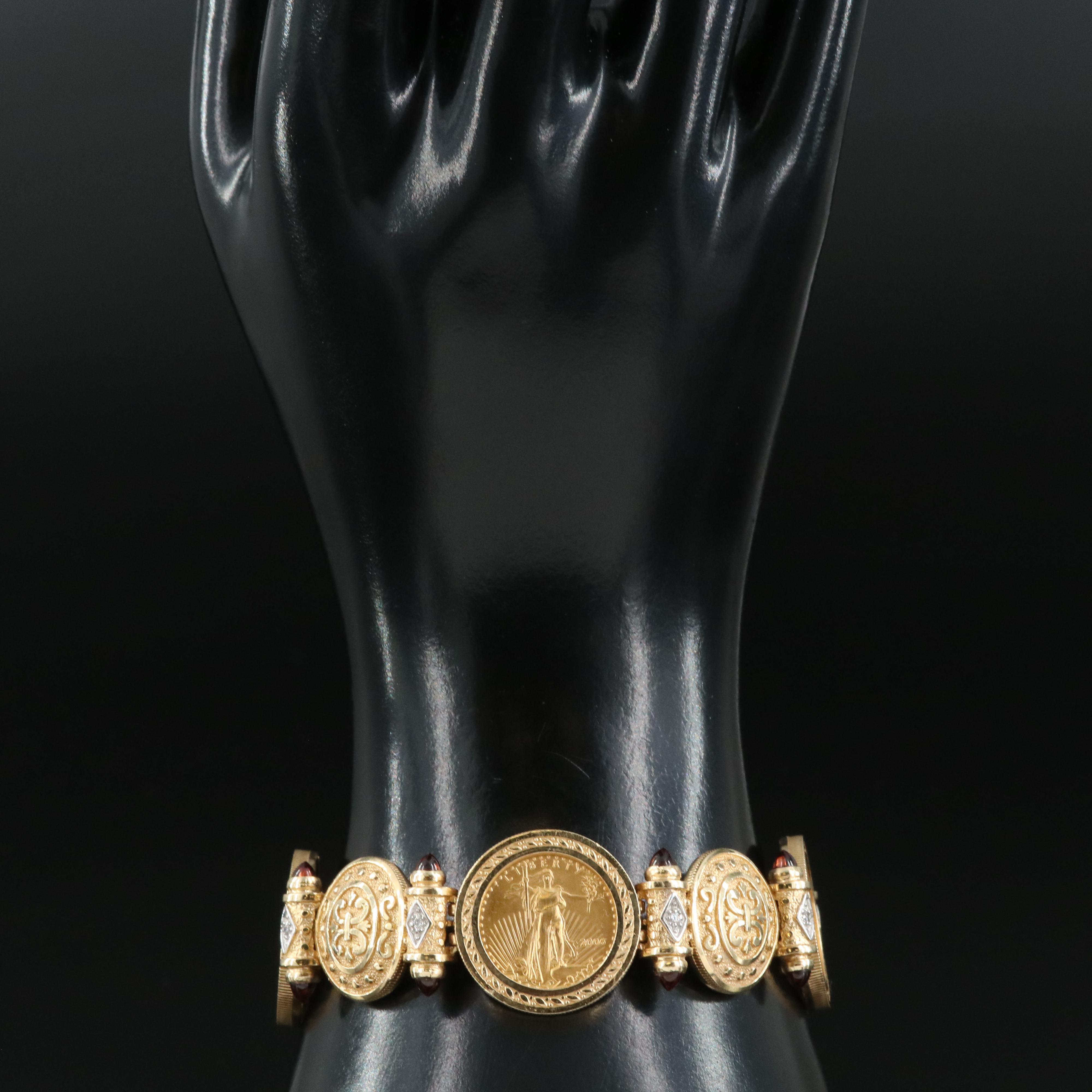 14K Gold Eagle Coin with Garnet and Diamond Bracelet