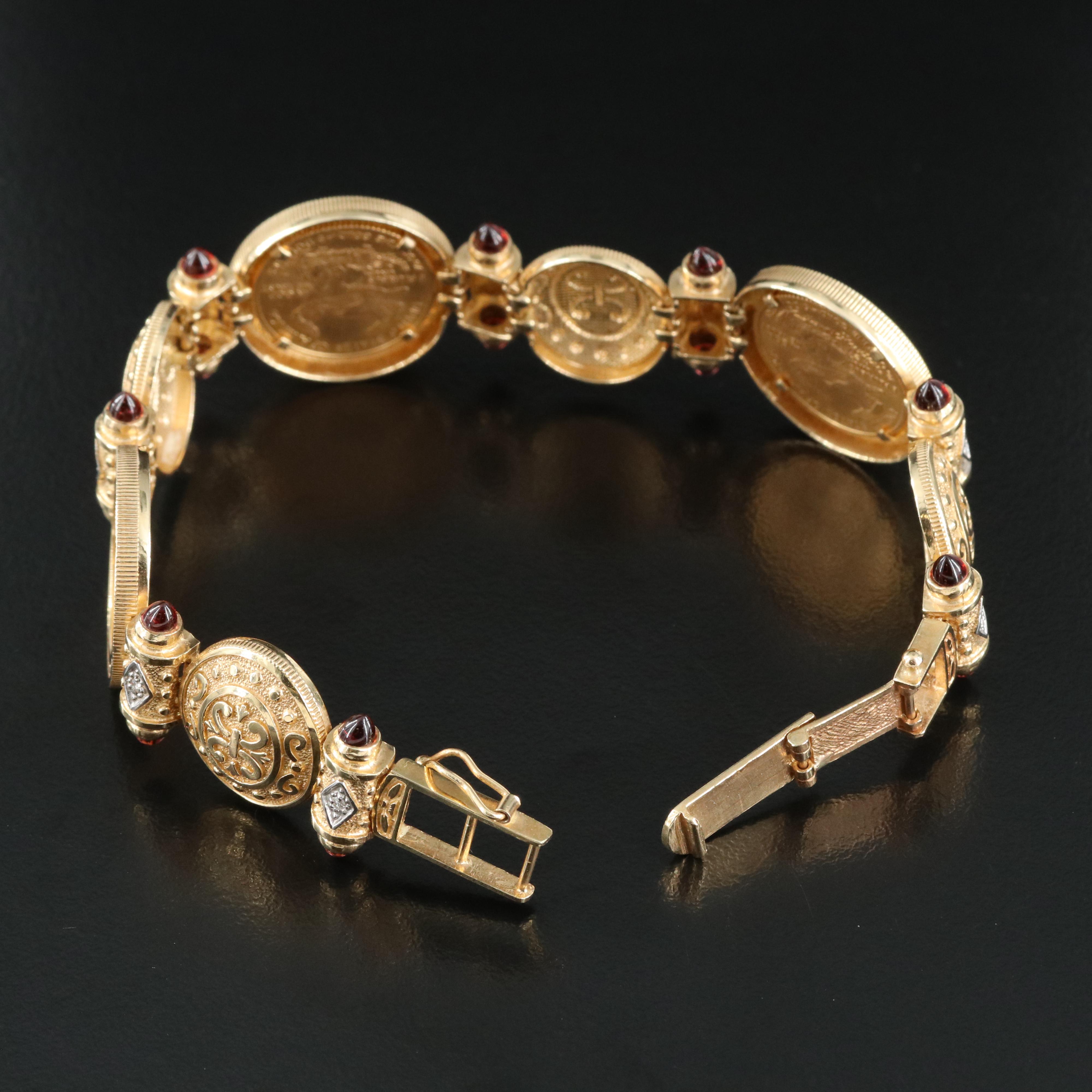 14K Gold Eagle Coin with Garnet and Diamond Bracelet