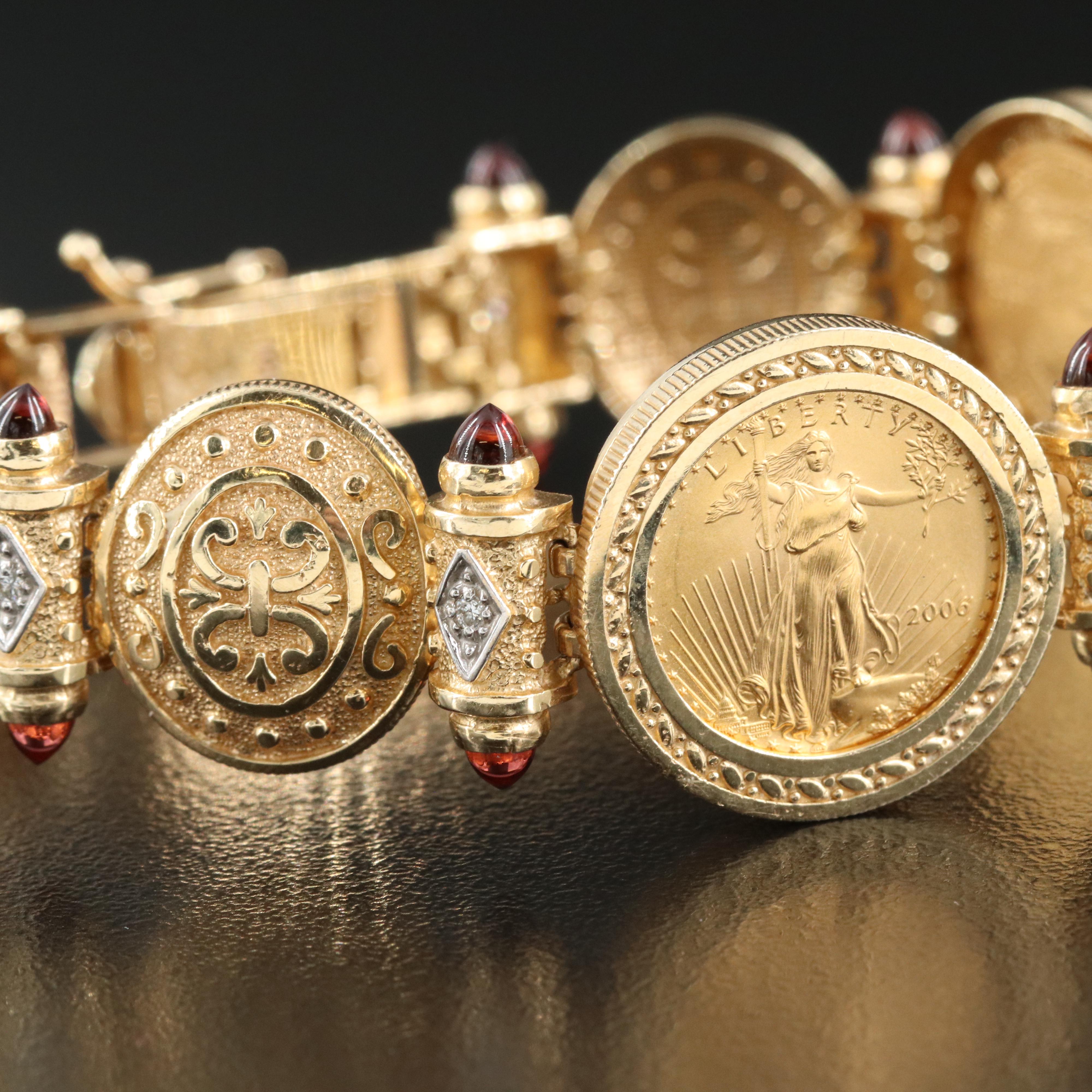 14K Gold Eagle Coin with Garnet and Diamond Bracelet