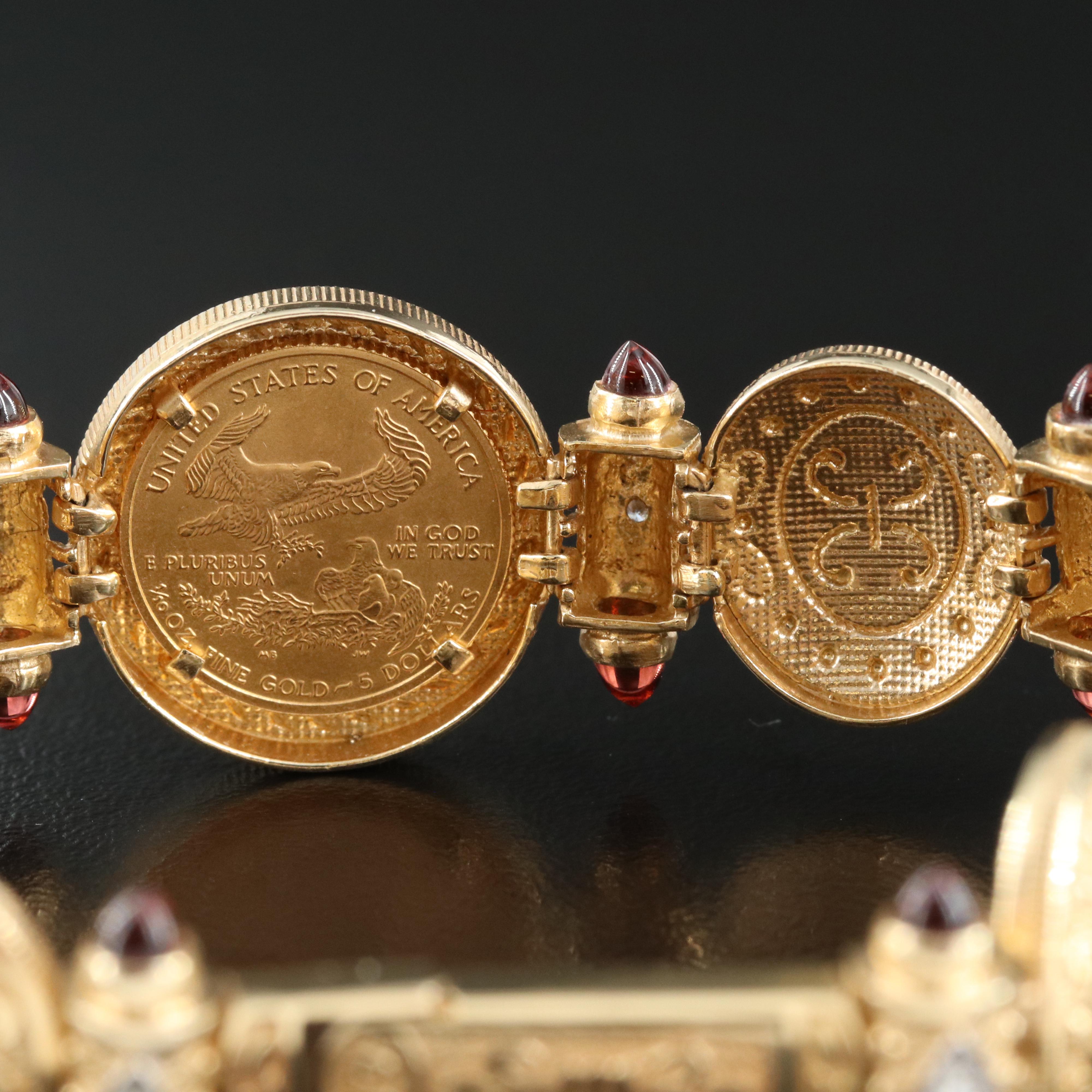 14K Gold Eagle Coin with Garnet and Diamond Bracelet
