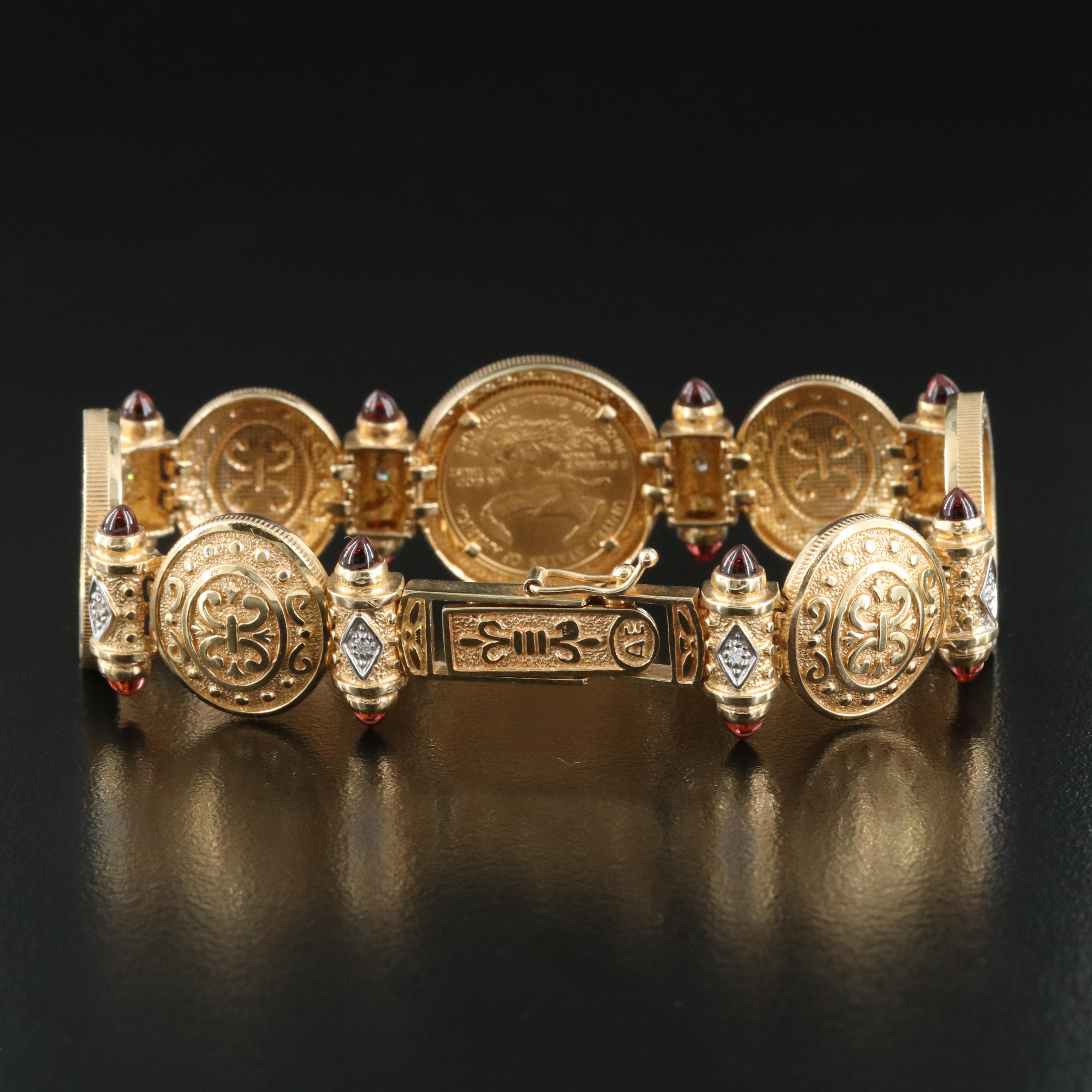 14K Gold Eagle Coin with Garnet and Diamond Bracelet