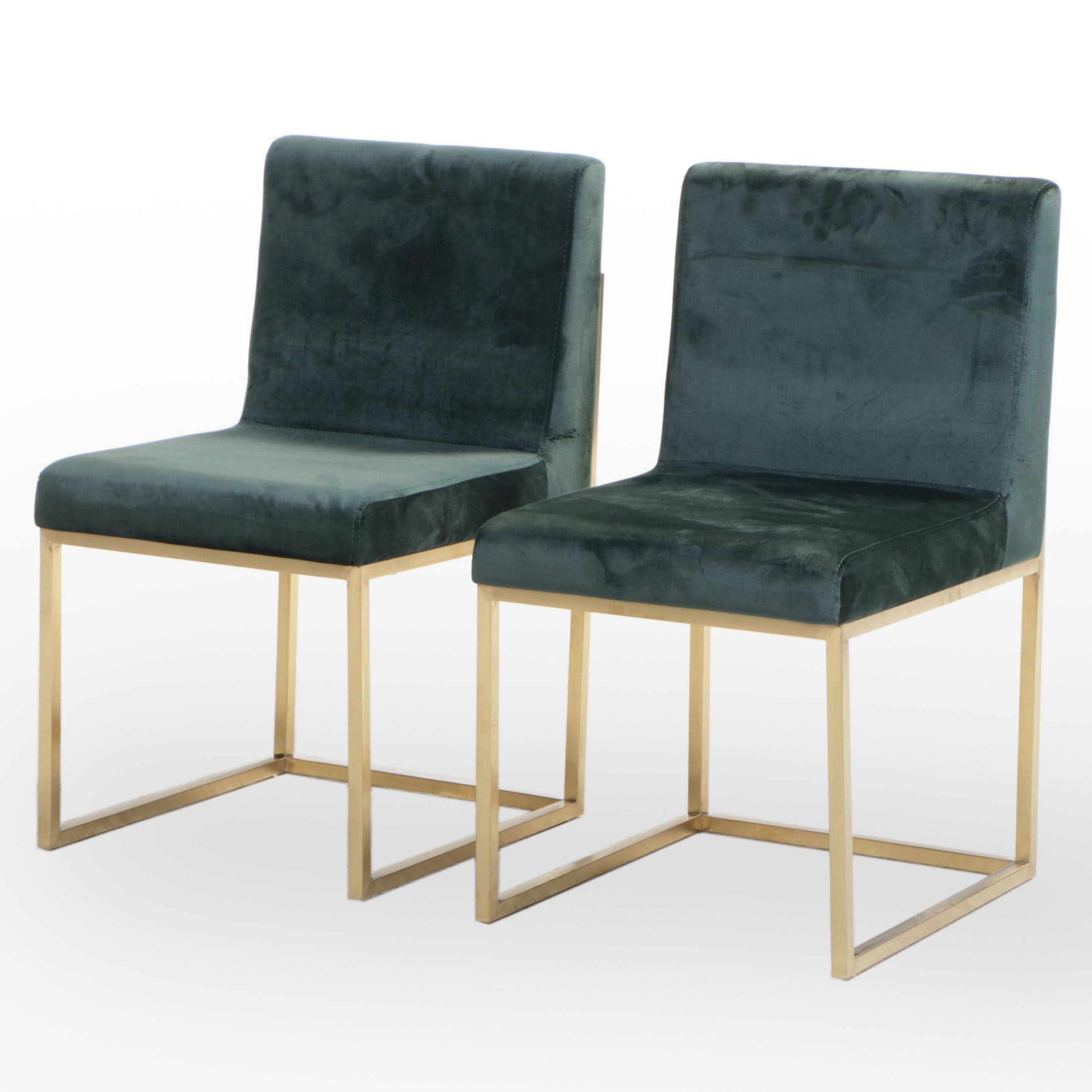 Pair of Modernist Brass-Tone Metal and Emerald Velveteen Side Chairs