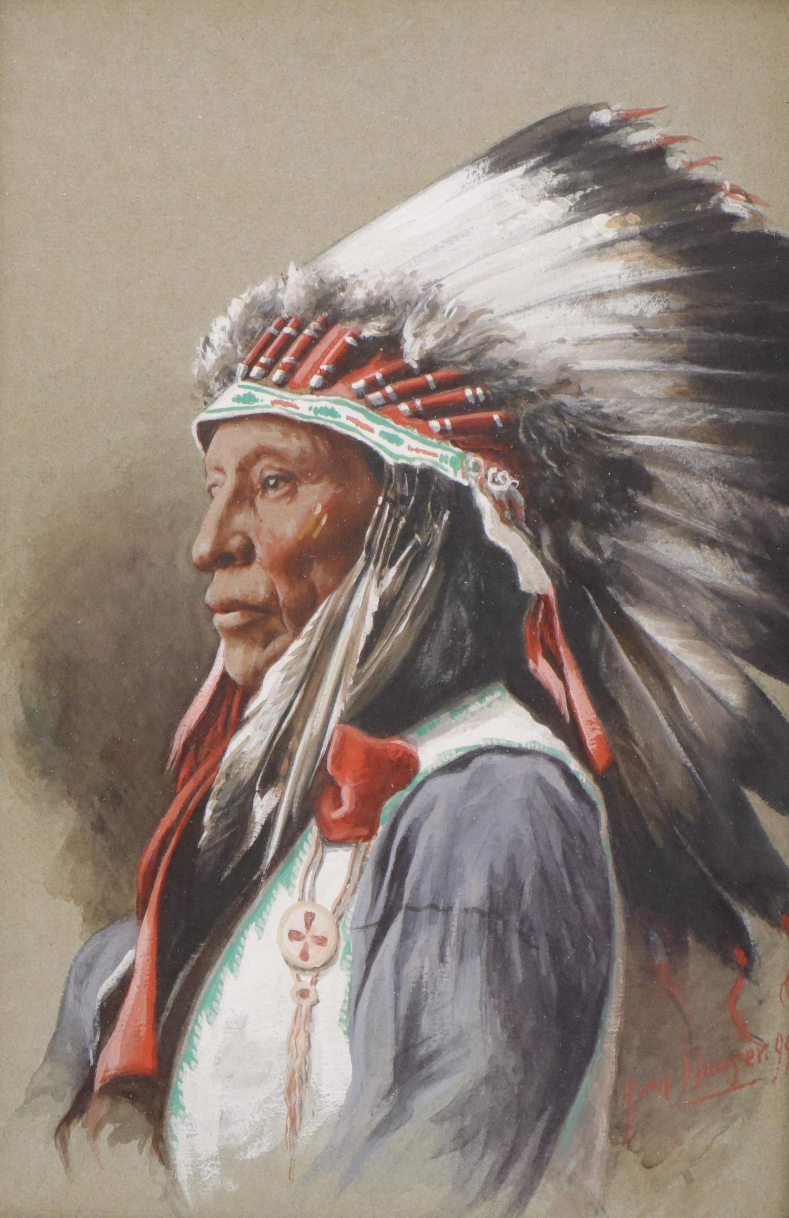 John Hauser Native American Chief Portrait Gouache Painting, 1899