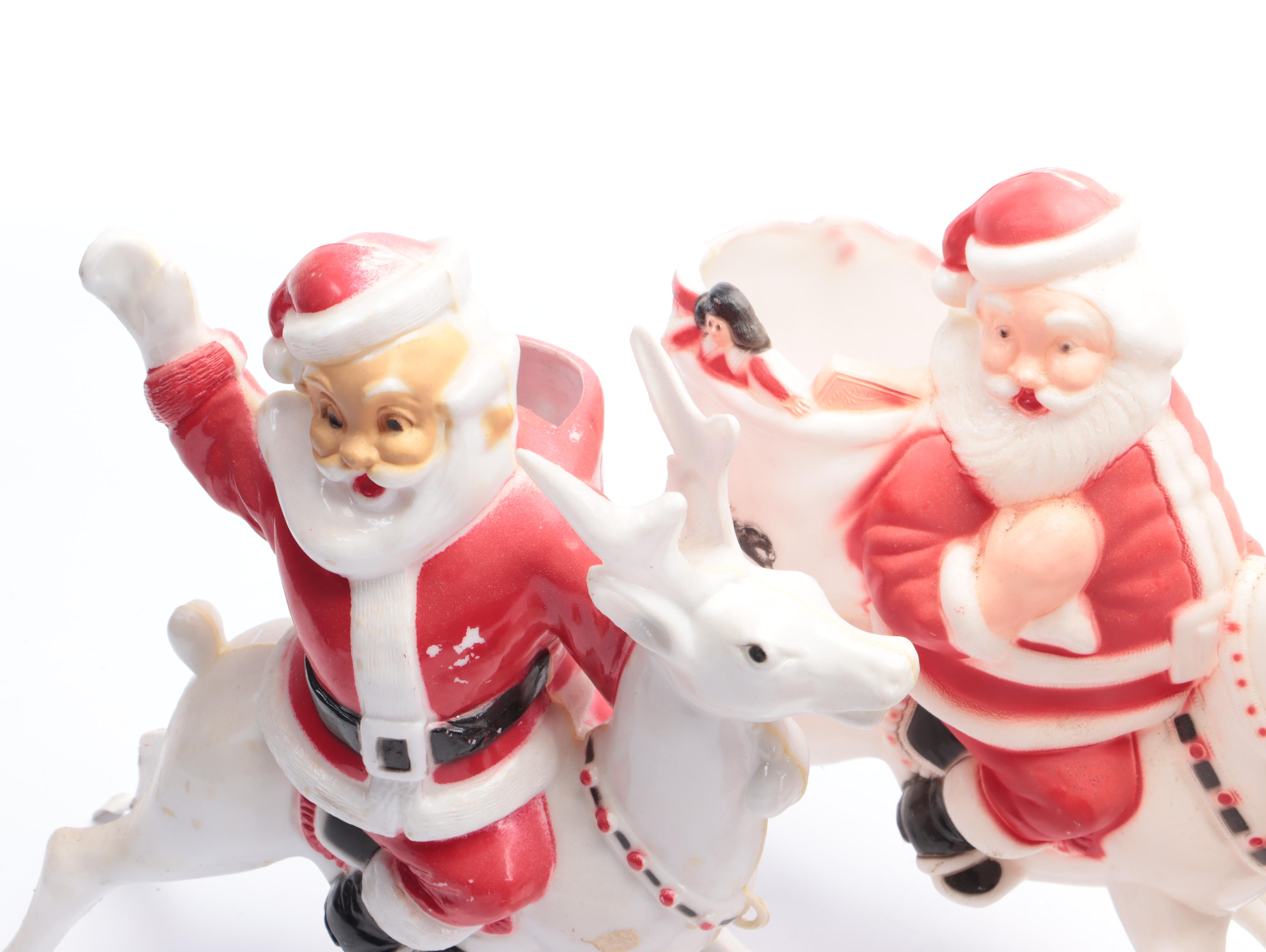 Christmas Plastic Santa Claus and Reindeer Figurines, Mid-20th Century