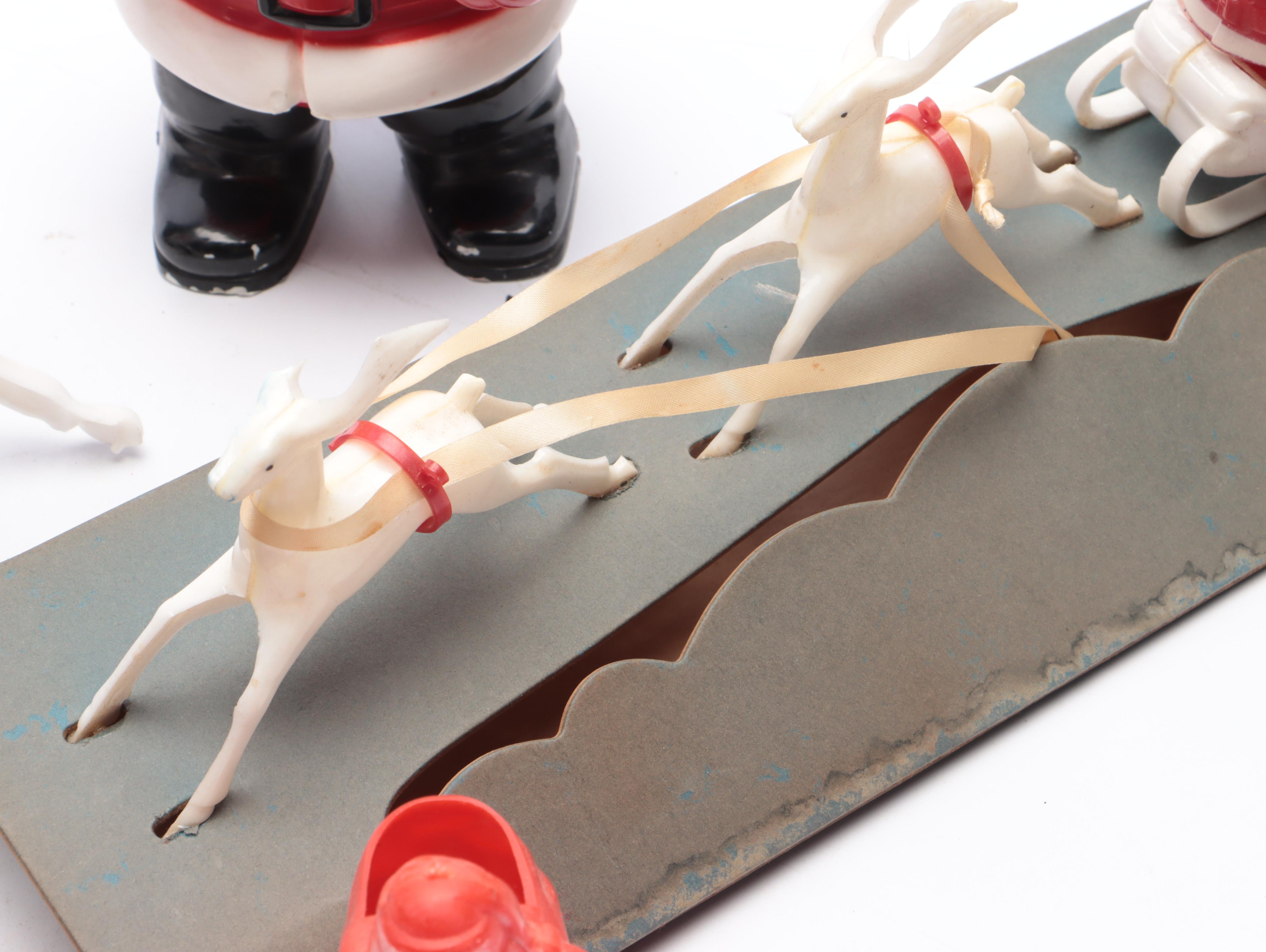 Christmas Plastic Santa Claus and Reindeer Figurines, Mid-20th Century