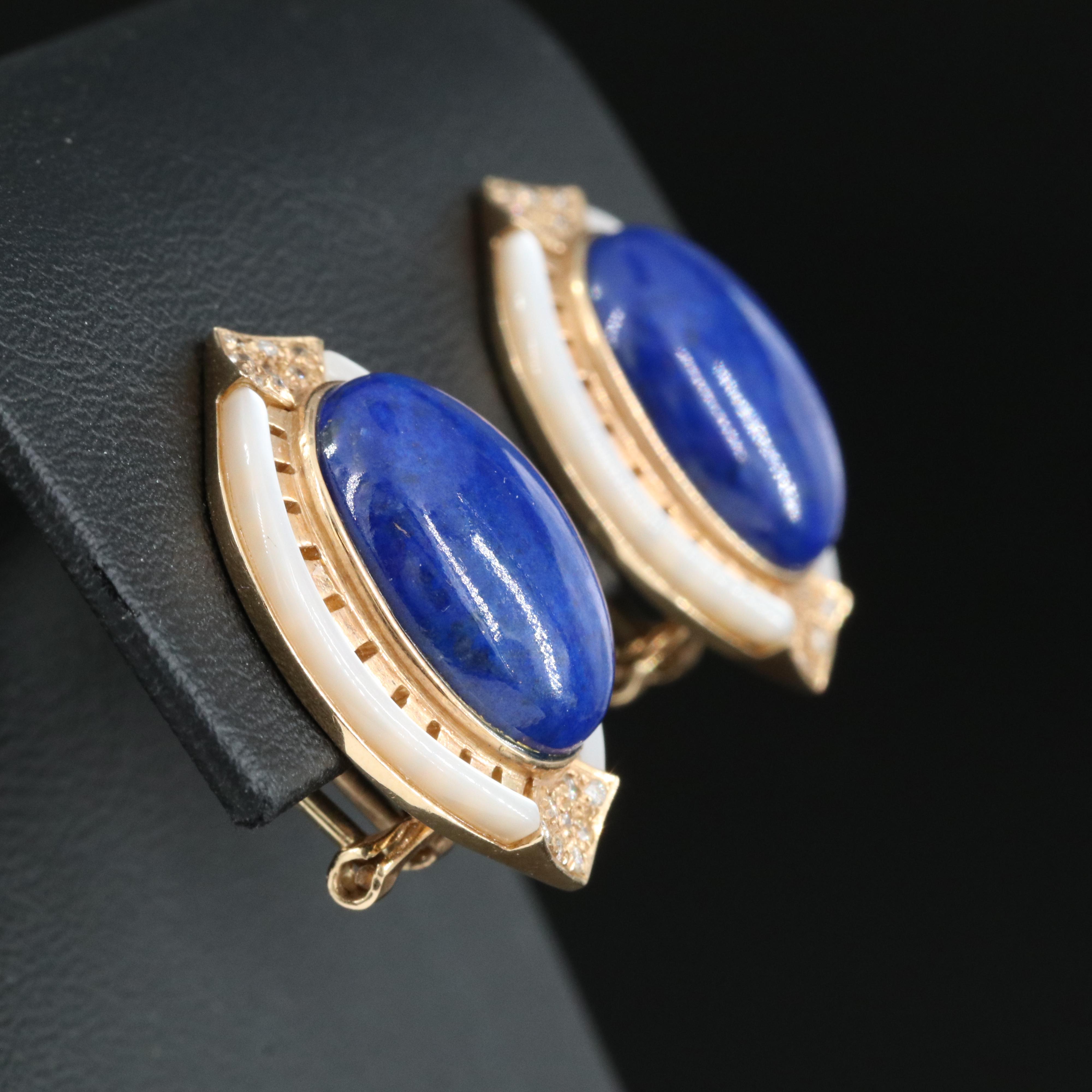 14K Lapis Lazuli, Diamond and Mother of Pearl Earrings