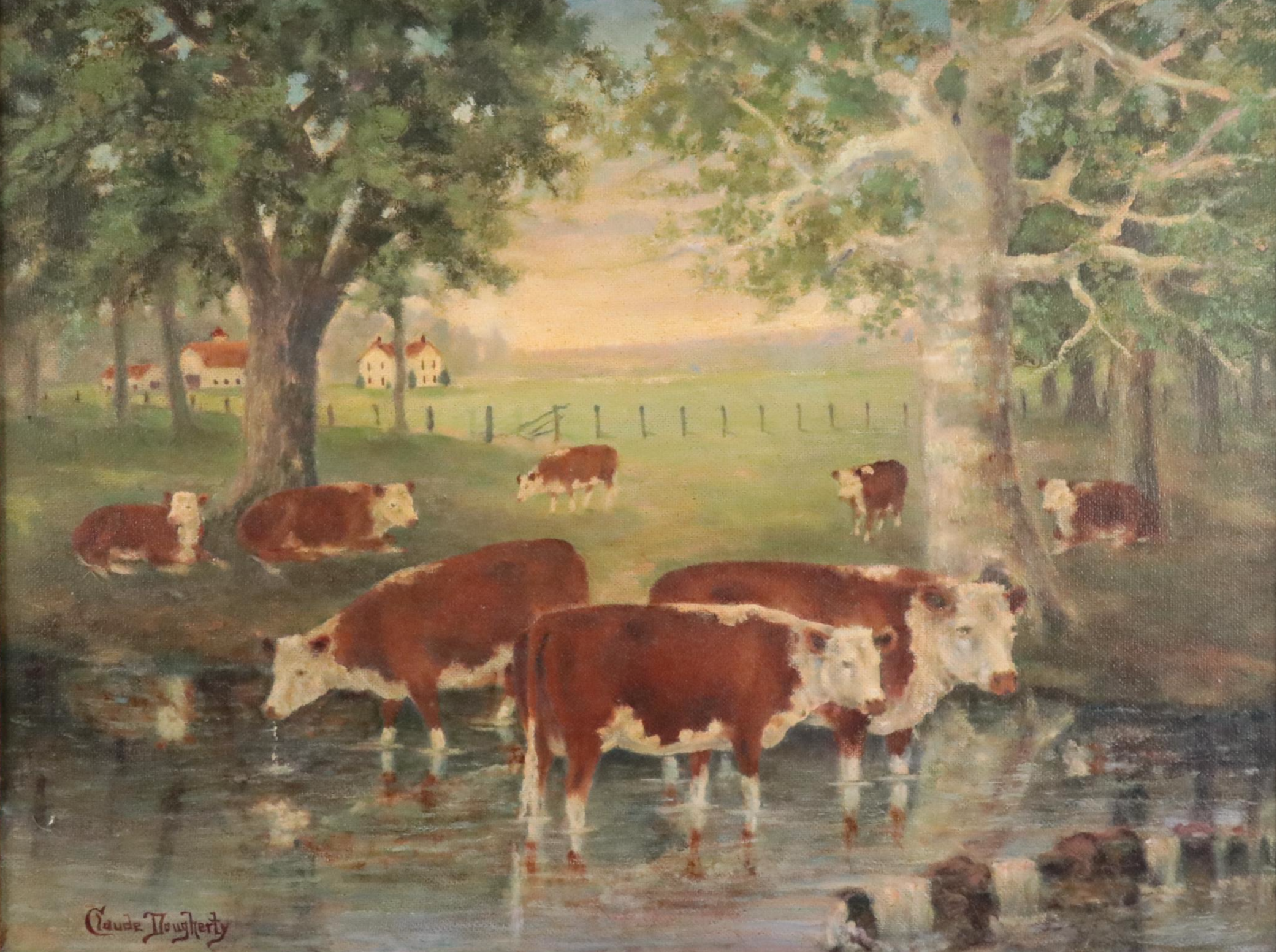Claude Dougherty Oil Painting of Cattle Watering, Early to Mid 20th Century