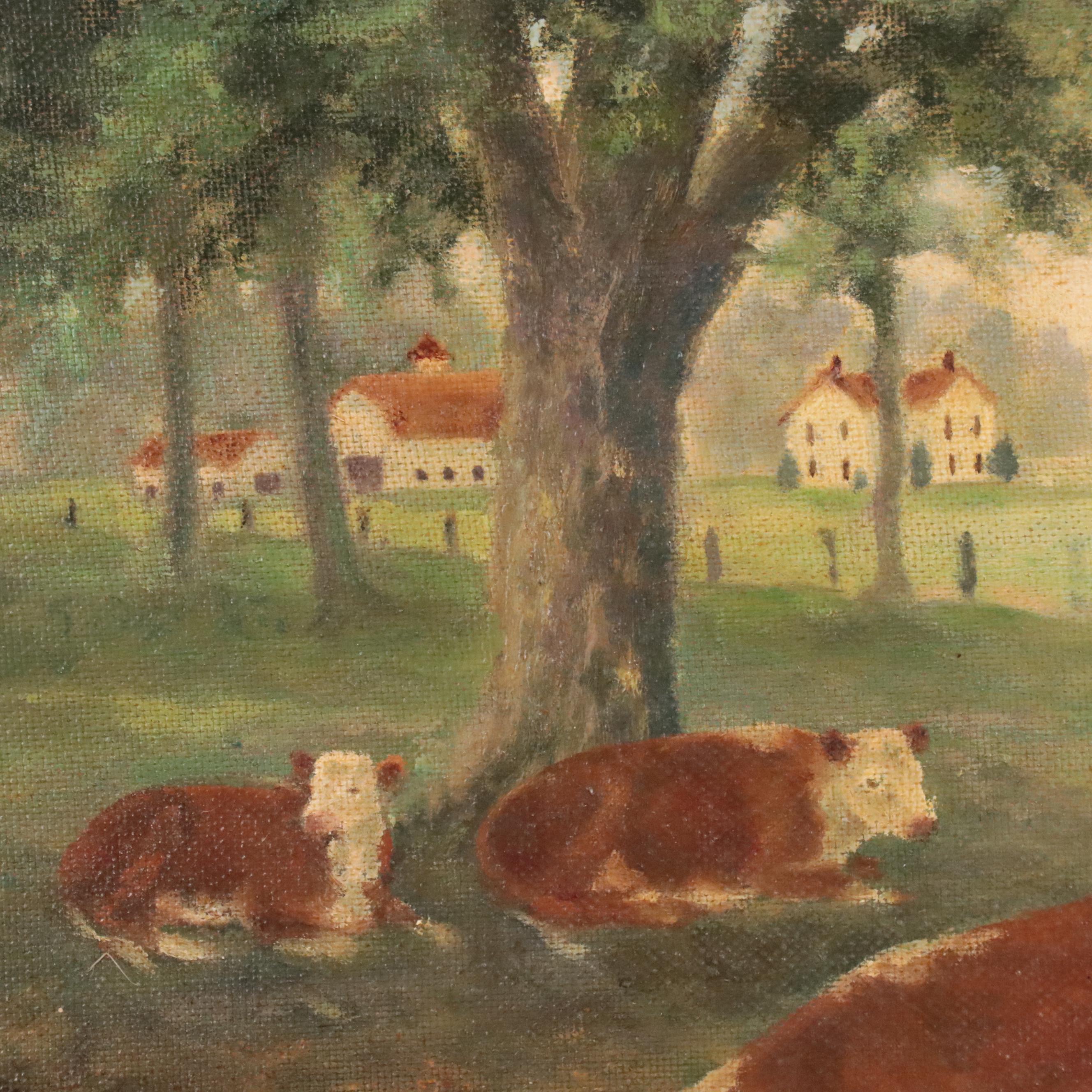 Claude Dougherty Oil Painting of Cattle Watering, Early to Mid 20th Century