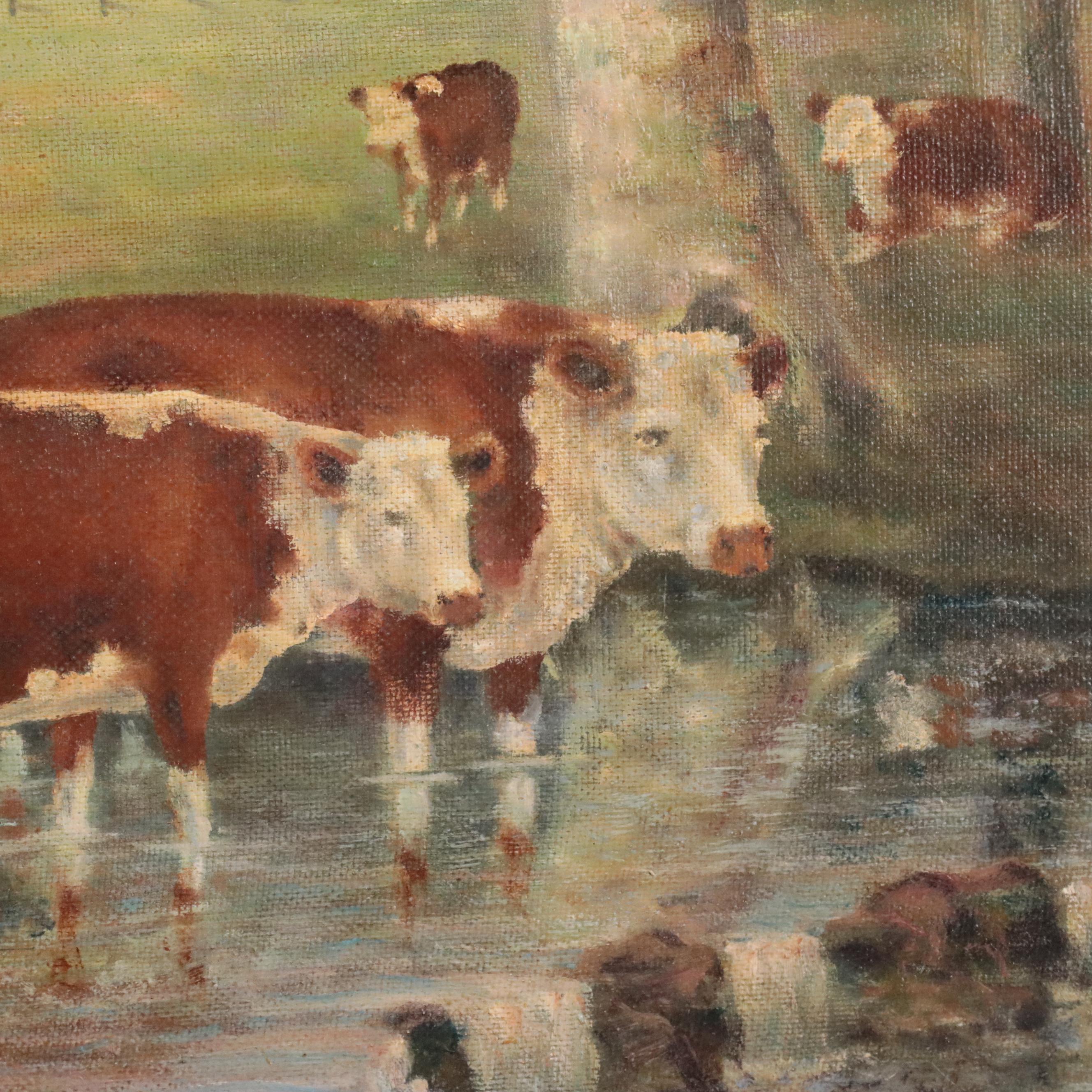 Claude Dougherty Oil Painting of Cattle Watering, Early to Mid 20th Century